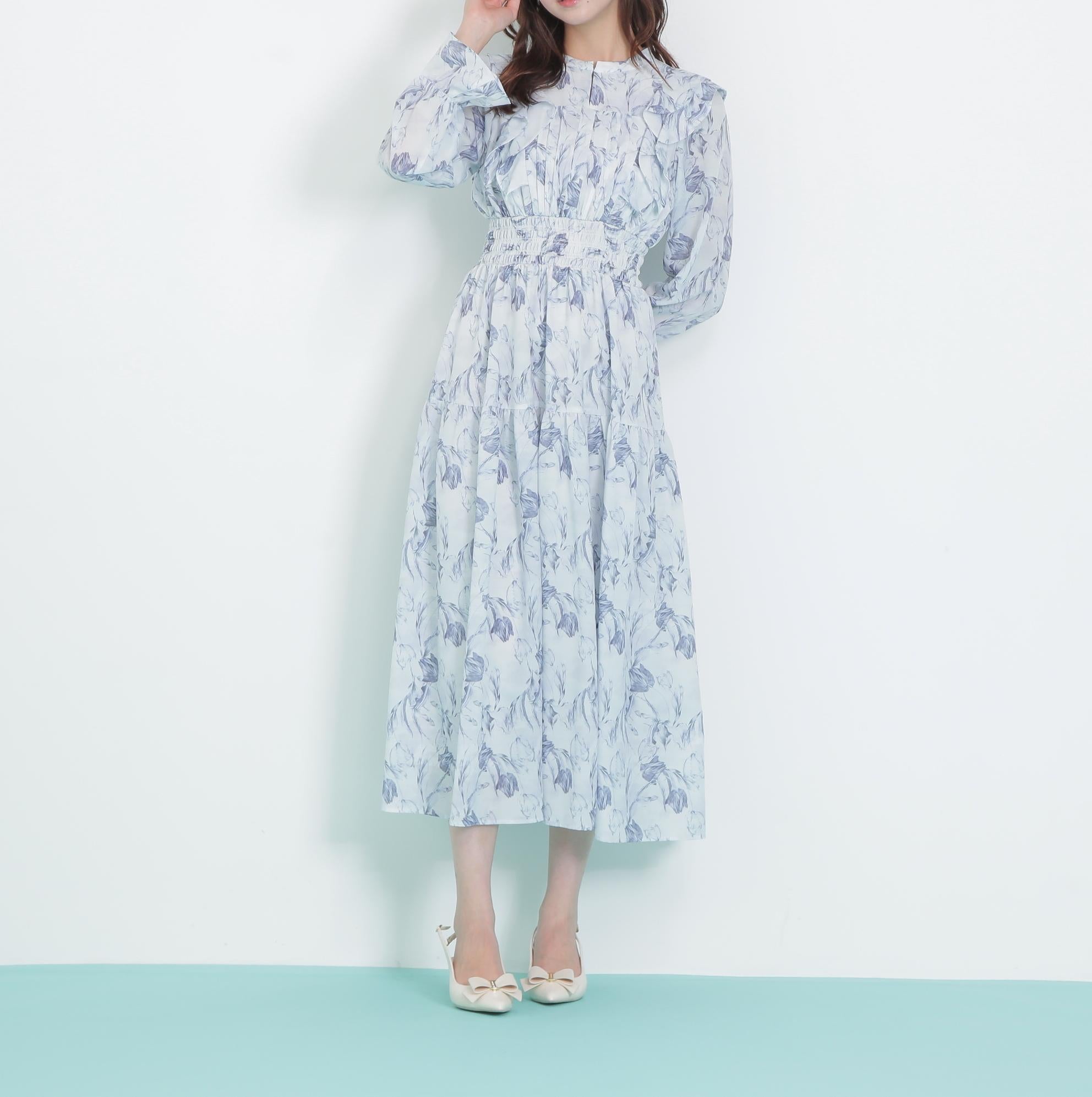 ピンタック花柄ワンピース ブルー