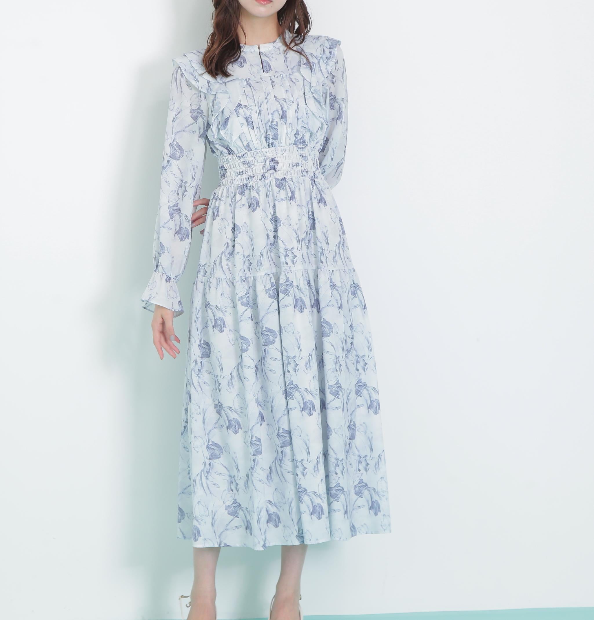 ピンタック花柄ワンピース ブルー