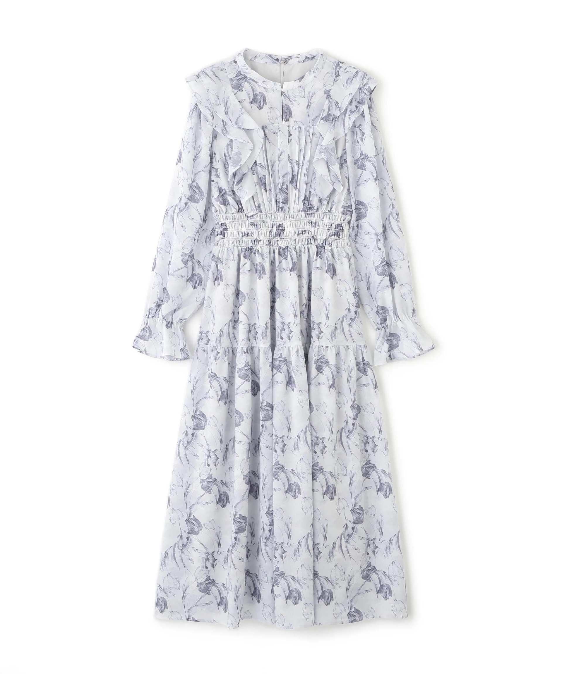 ピンタック花柄ワンピース ブルー