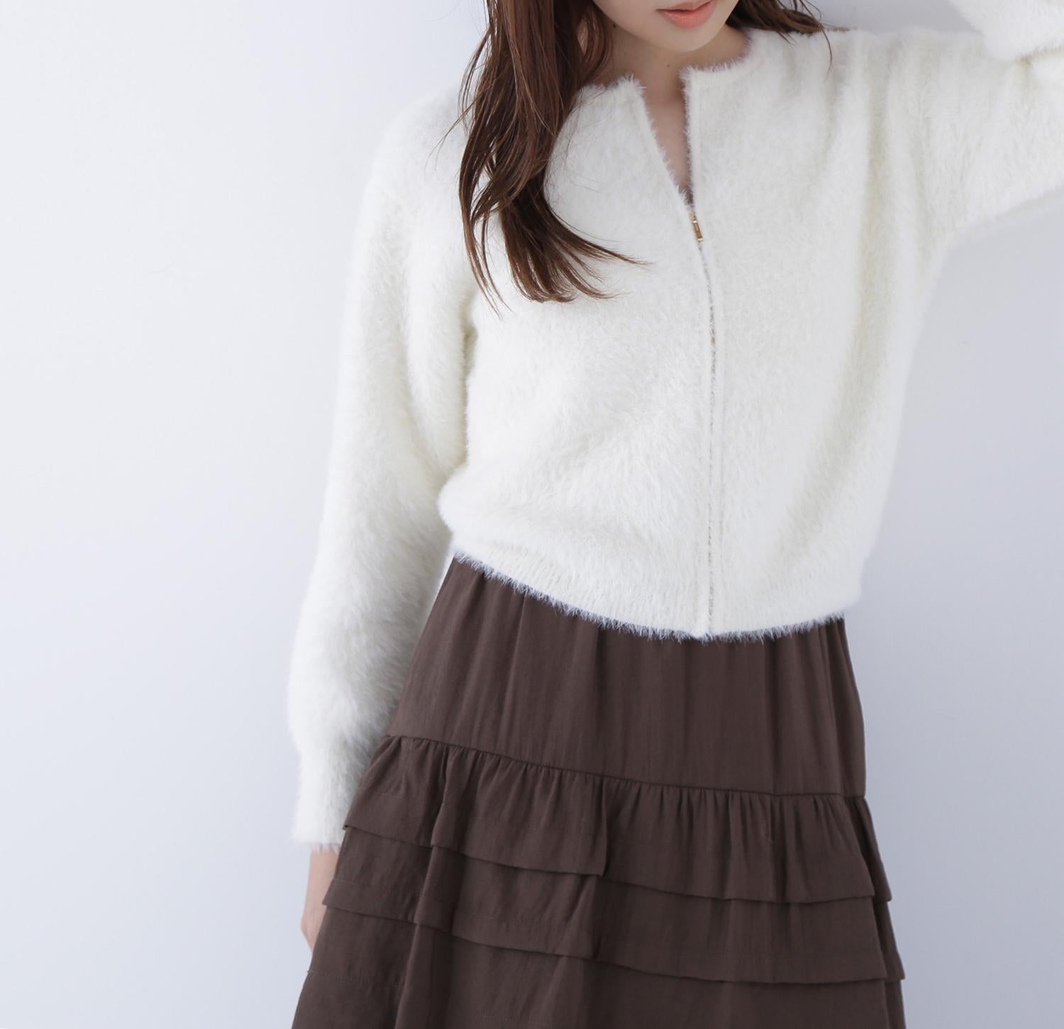 ヘアリージップカーディガン オフホワイト1