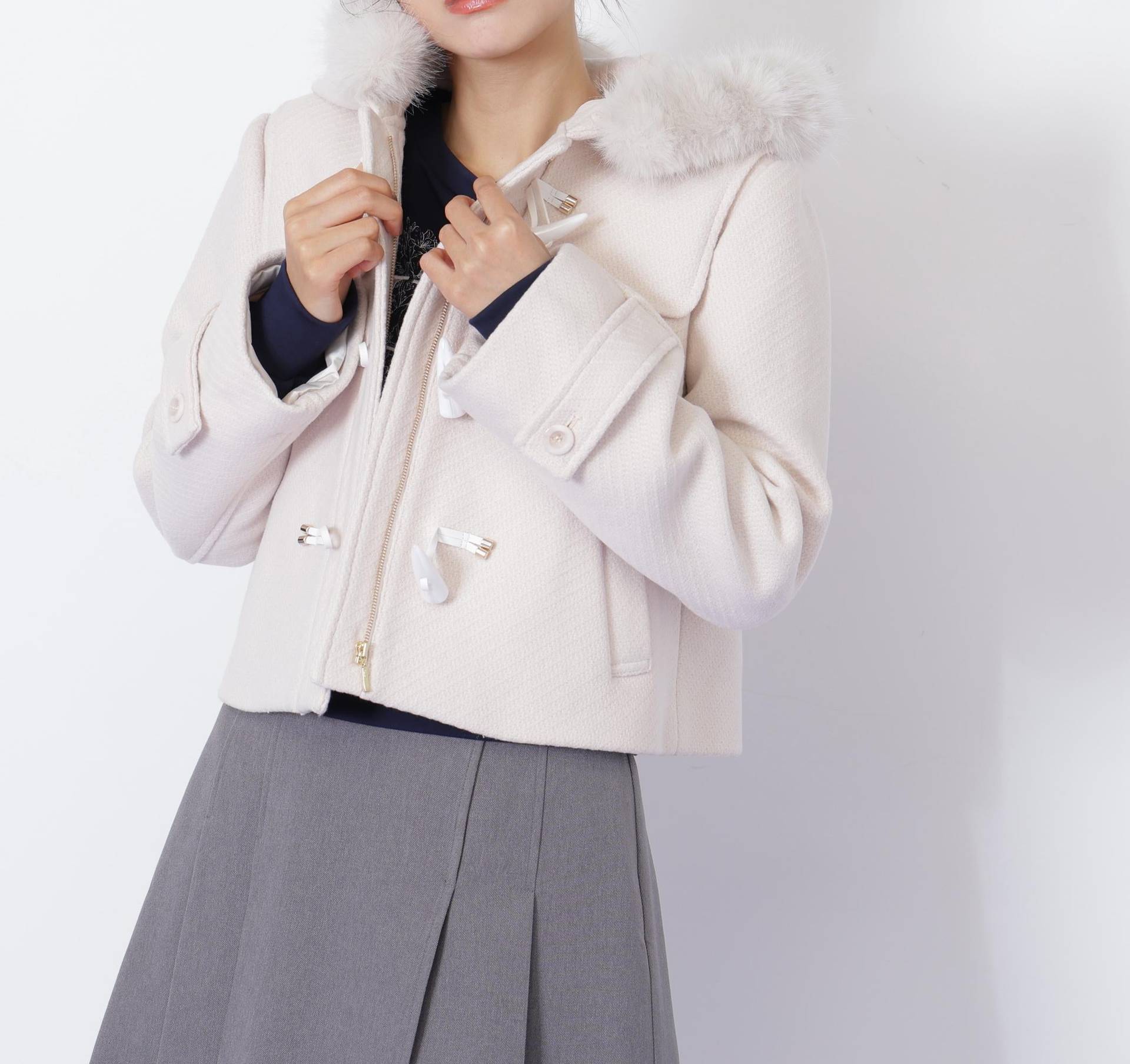 フェイクファー付ショートダッフルコート エクリュ