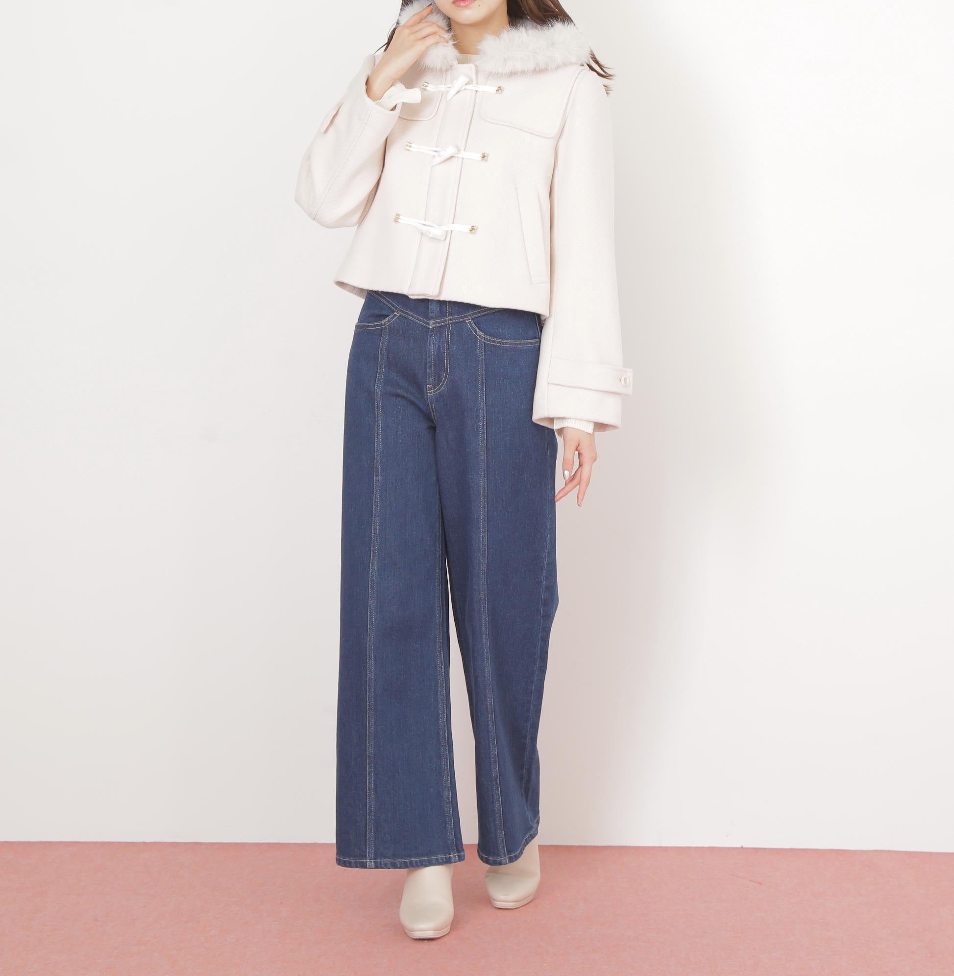 フェイクファー付ショートダッフルコート エクリュ