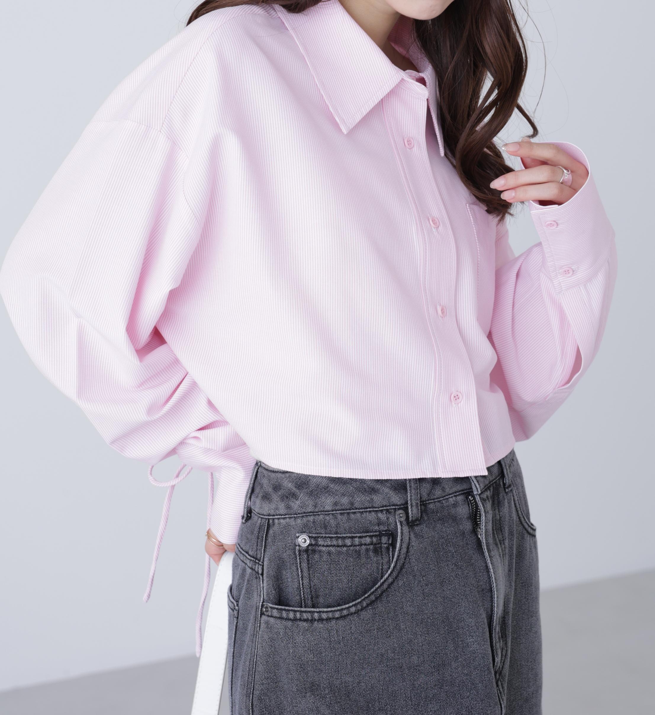 バックレースアップショート丈シャツ ピンクストライプ1