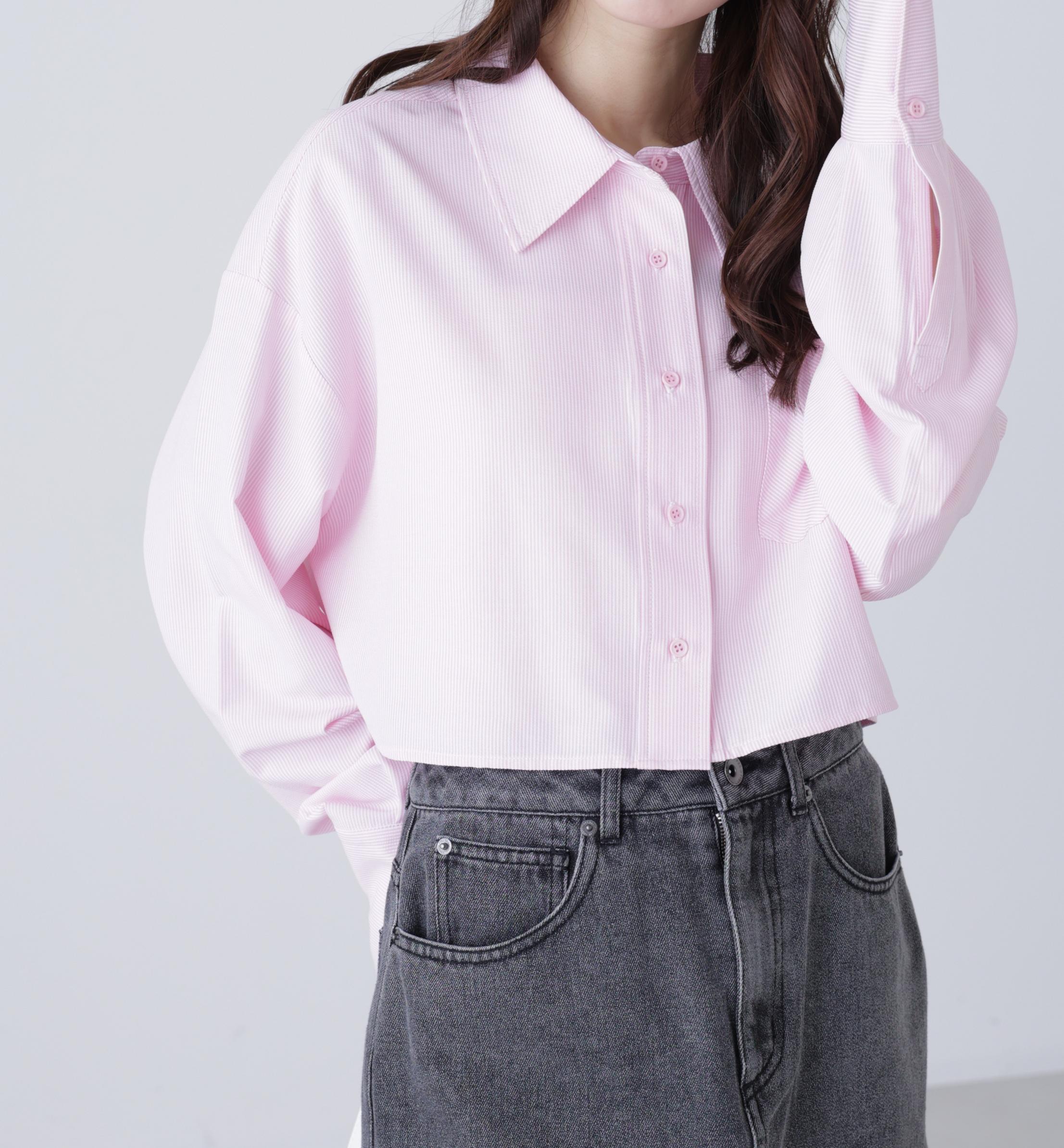バックレースアップショート丈シャツ ピンクストライプ1