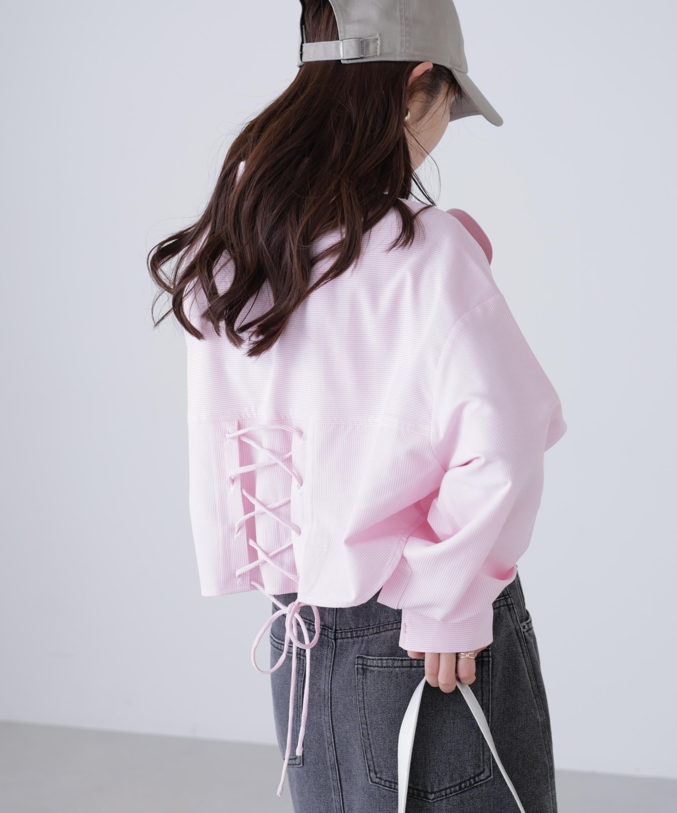 バックレースアップショート丈シャツ ピンクストライプ1