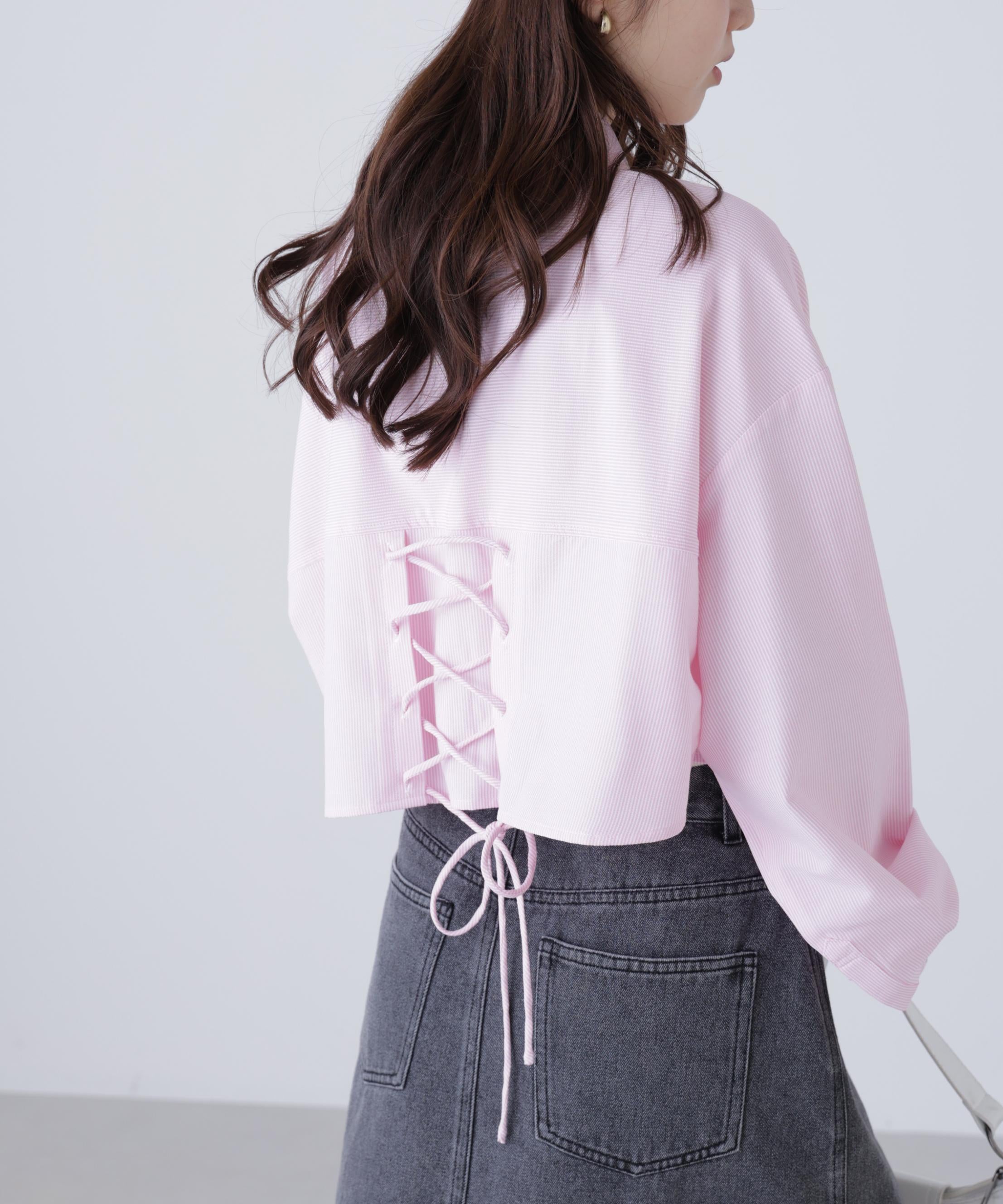 バックレースアップショート丈シャツ ピンクストライプ1