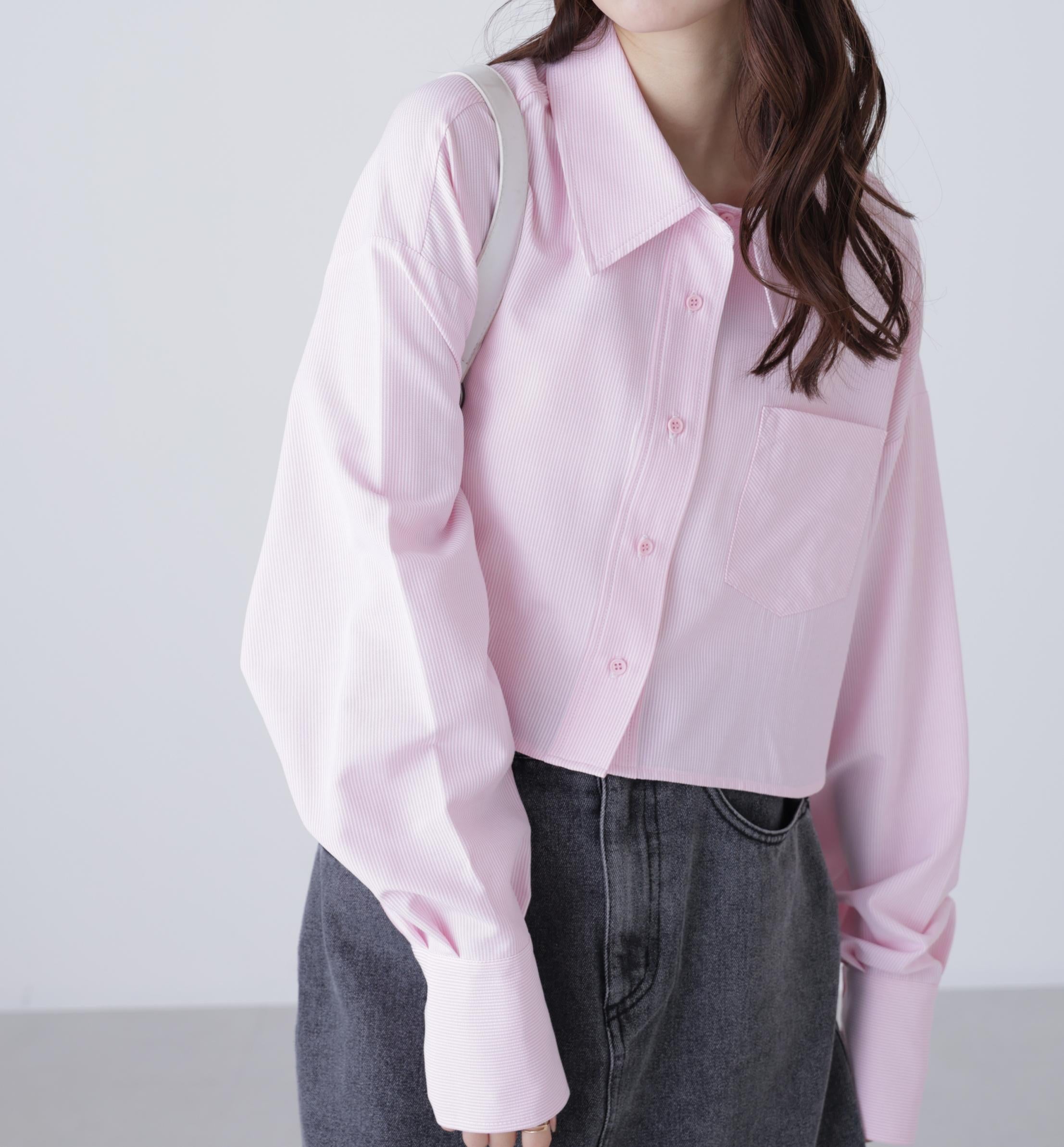 バックレースアップショート丈シャツ ピンクストライプ1
