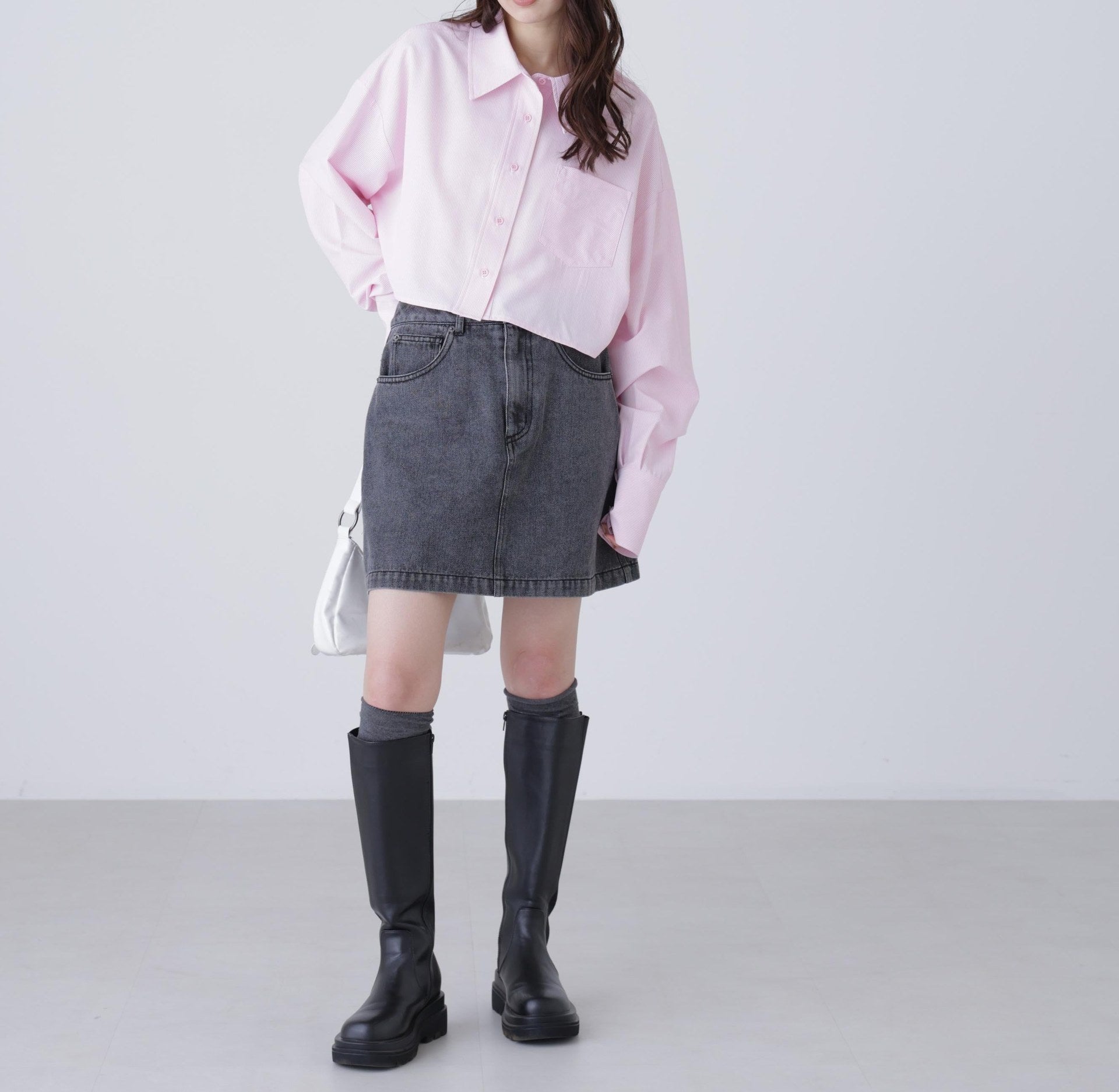 バックレースアップショート丈シャツ ピンクストライプ1