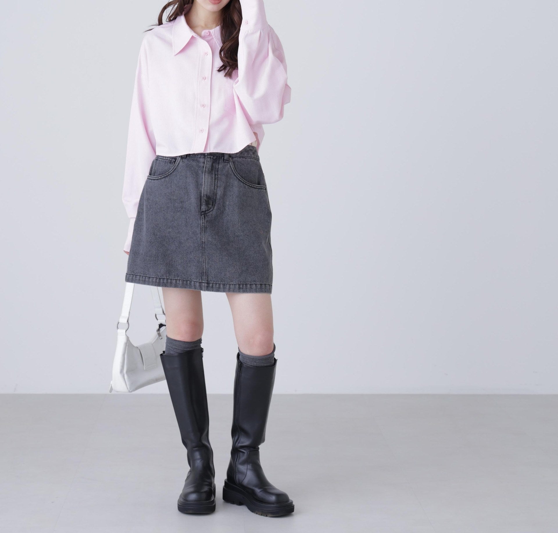 バックレースアップショート丈シャツ ピンクストライプ1