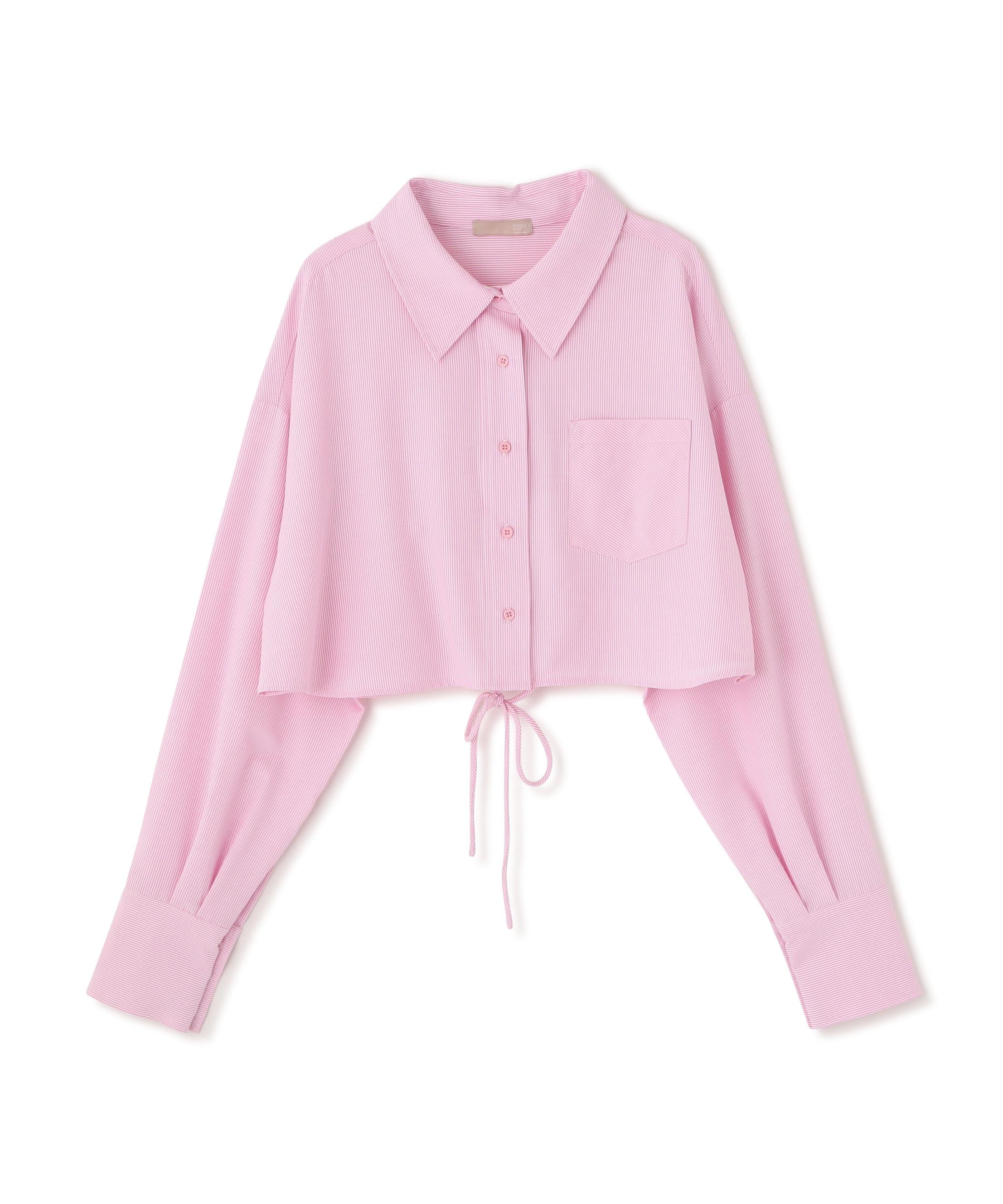 バックレースアップショート丈シャツ ピンクストライプ1