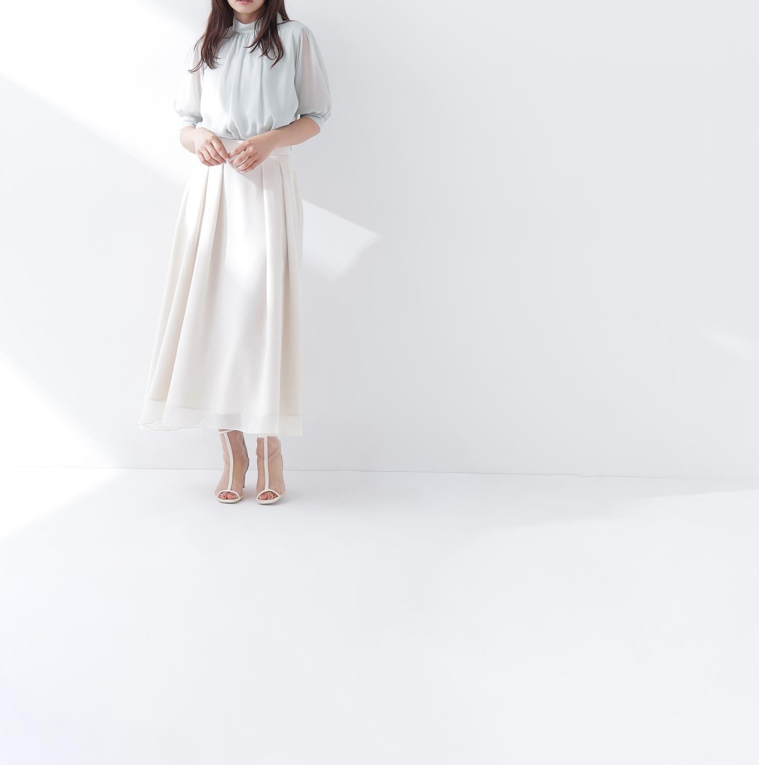 ハイネックシアースリーブブラウス半袖 ライトグリーン