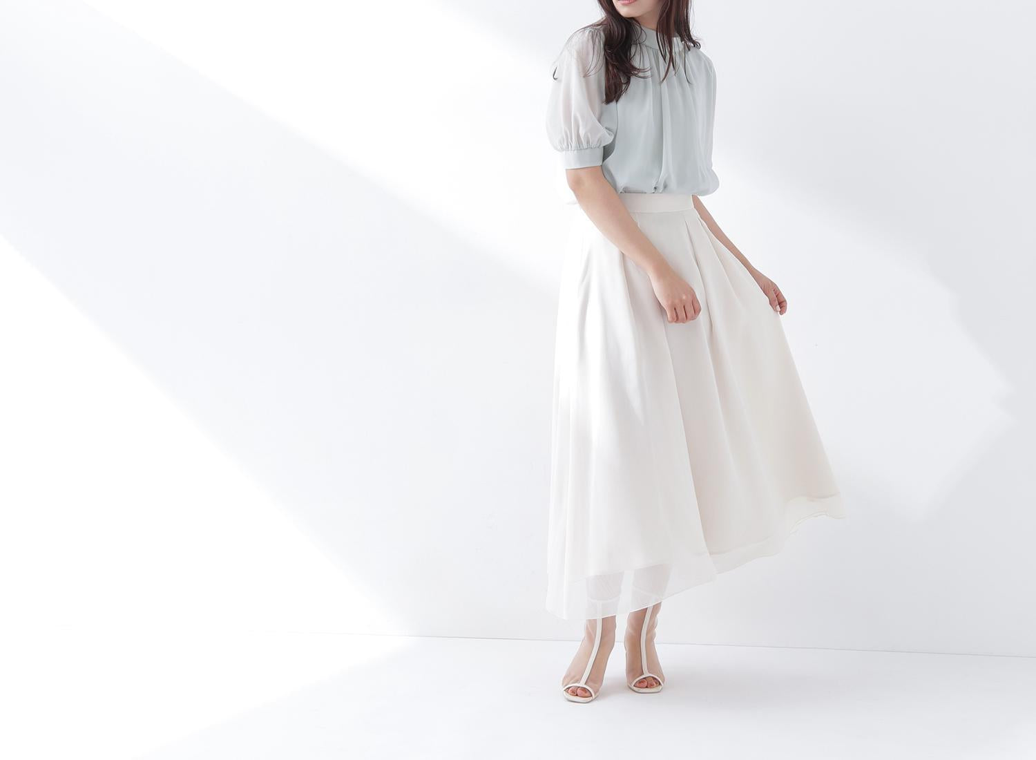 ハイネックシアースリーブブラウス半袖 ライトグリーン