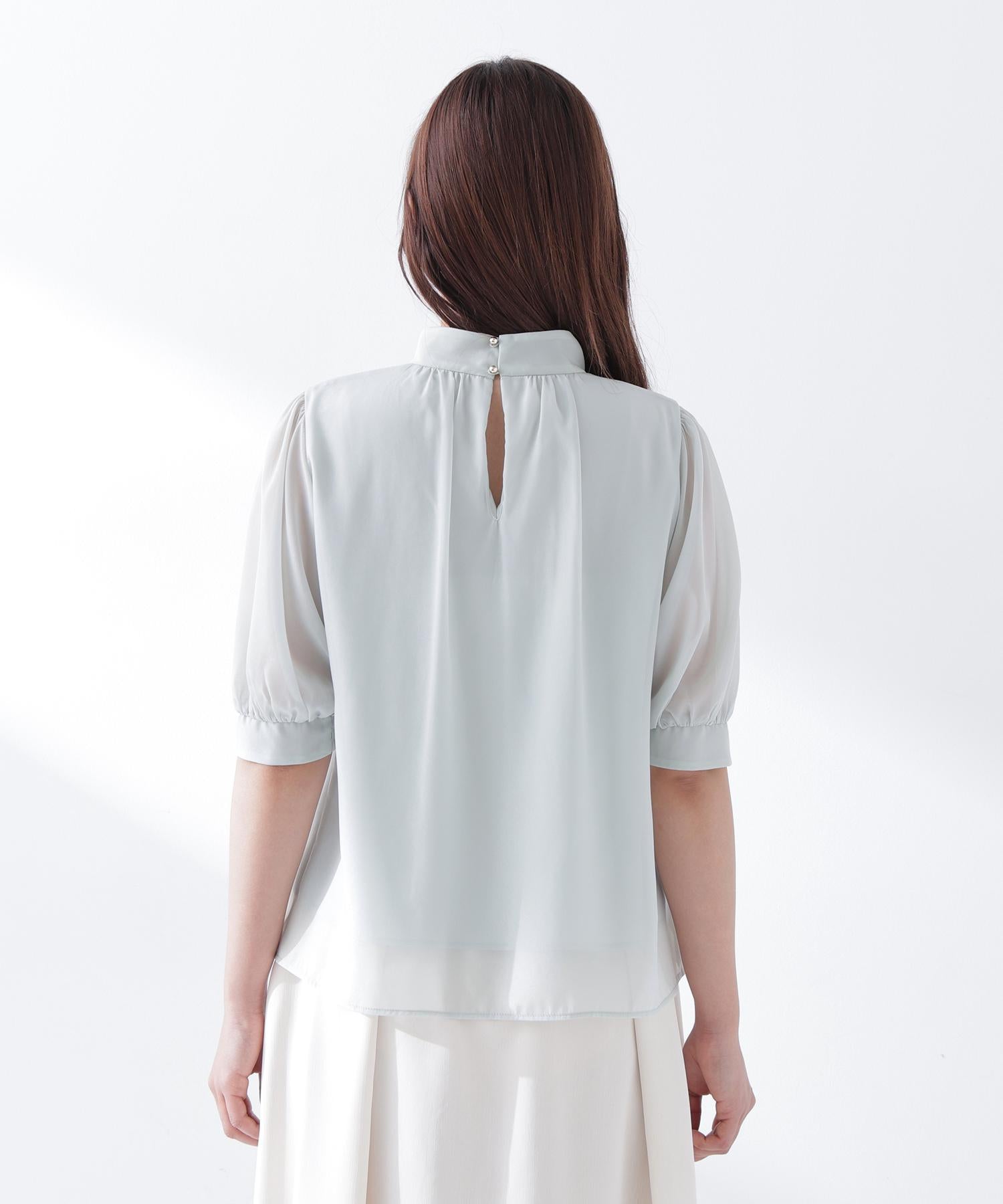 ハイネックシアースリーブブラウス半袖 ライトグリーン