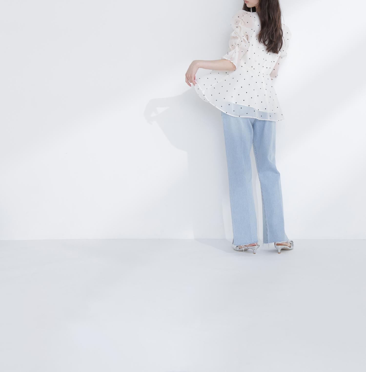 シアーペプラムブラウス半袖 オフ×ドット2