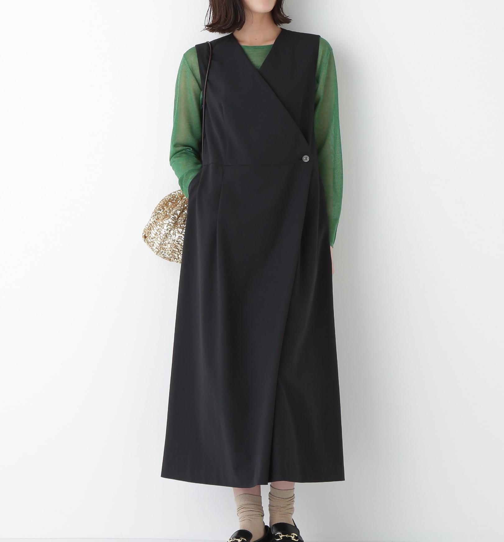 ◆T/TAツイルラップ風ノースリーブワンピース ブラック