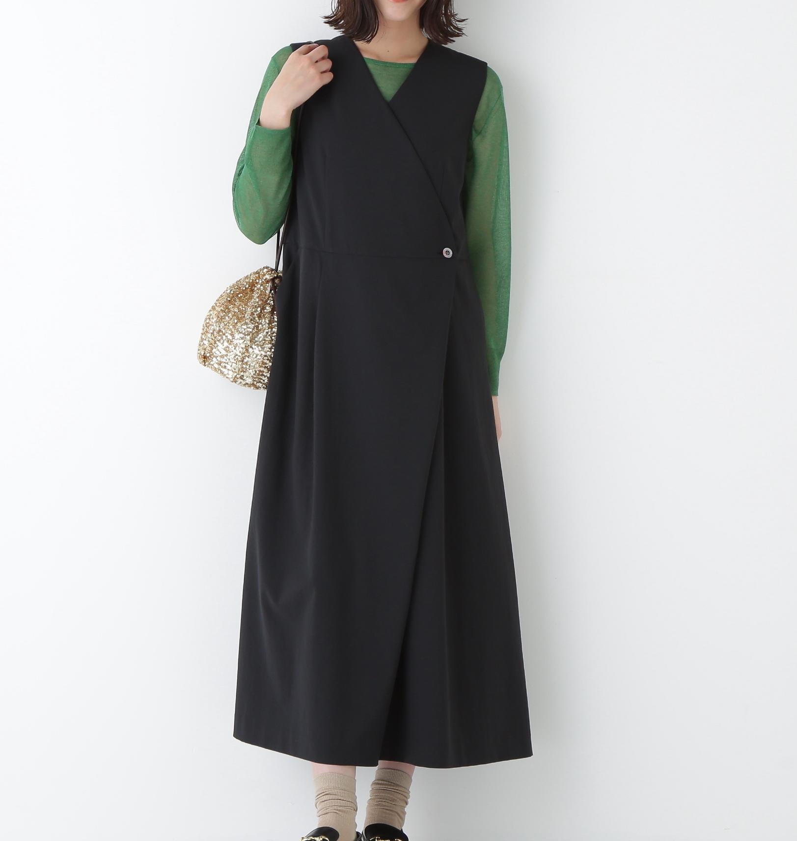 ◆T/TAツイルラップ風ノースリーブワンピース ブラック