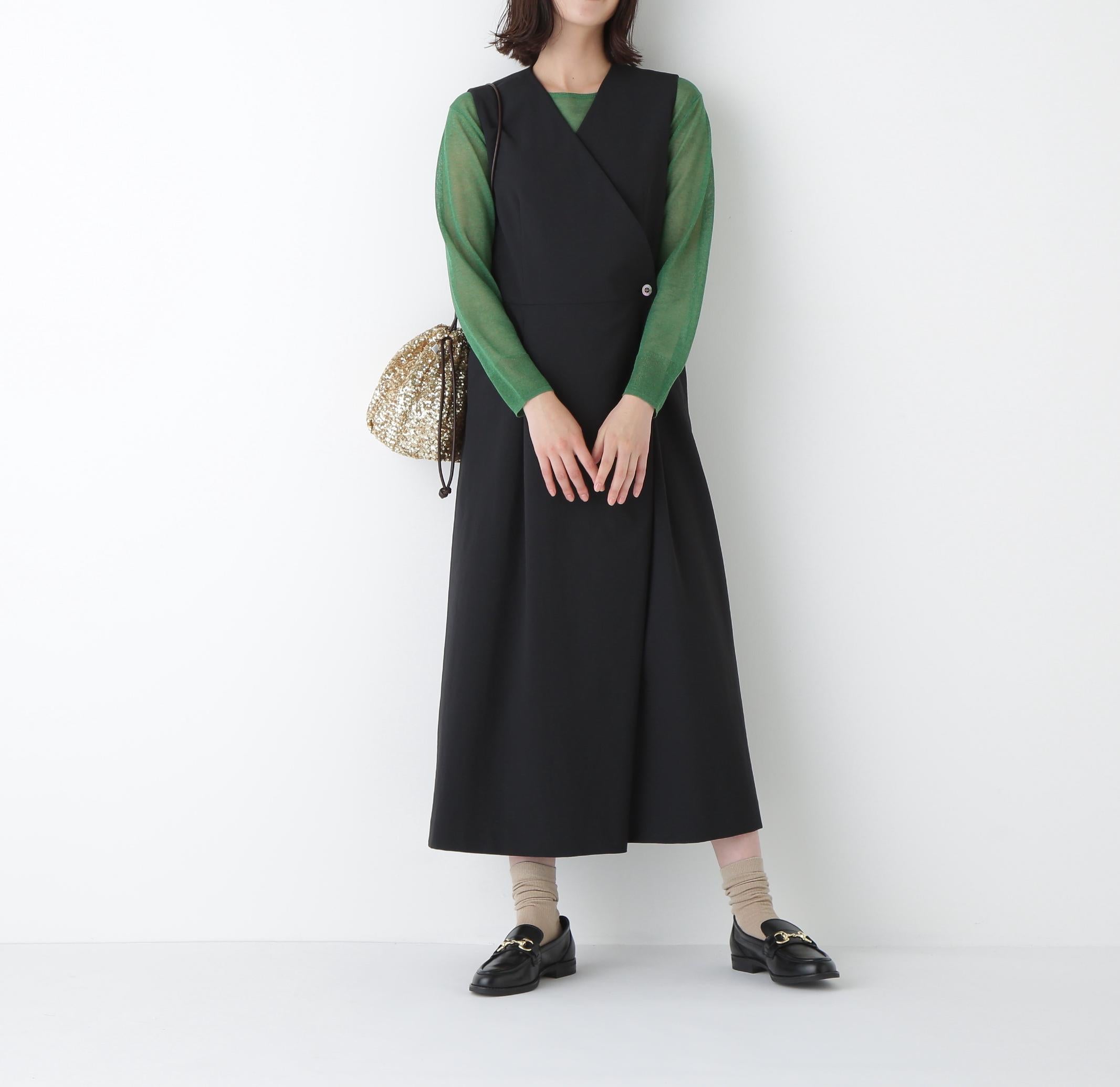 ◆T/TAツイルラップ風ノースリーブワンピース ブラック