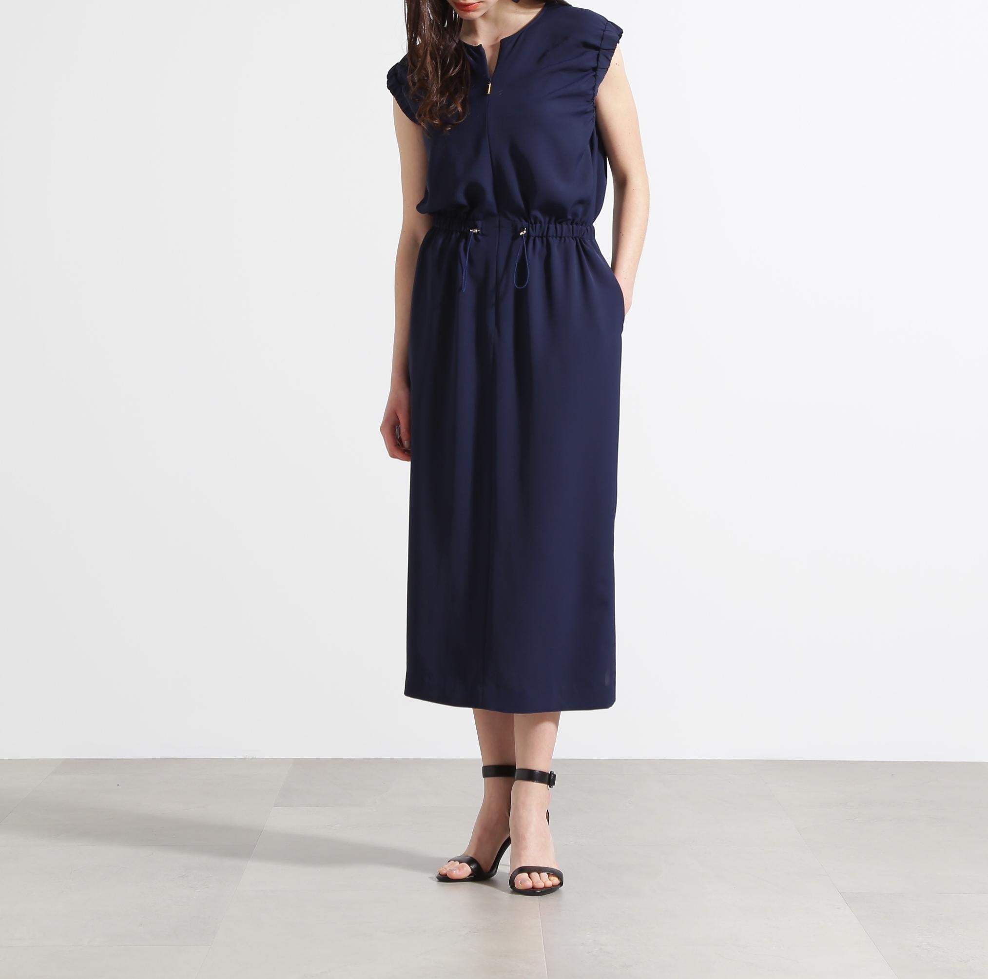 ◆スリーブシャーリングワンピース ネイビー