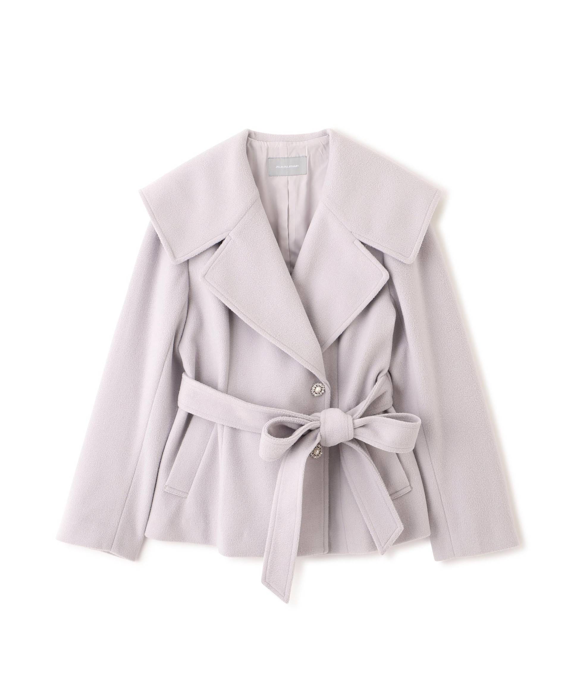 ビジュー釦ビッグカラーショートコート グレー