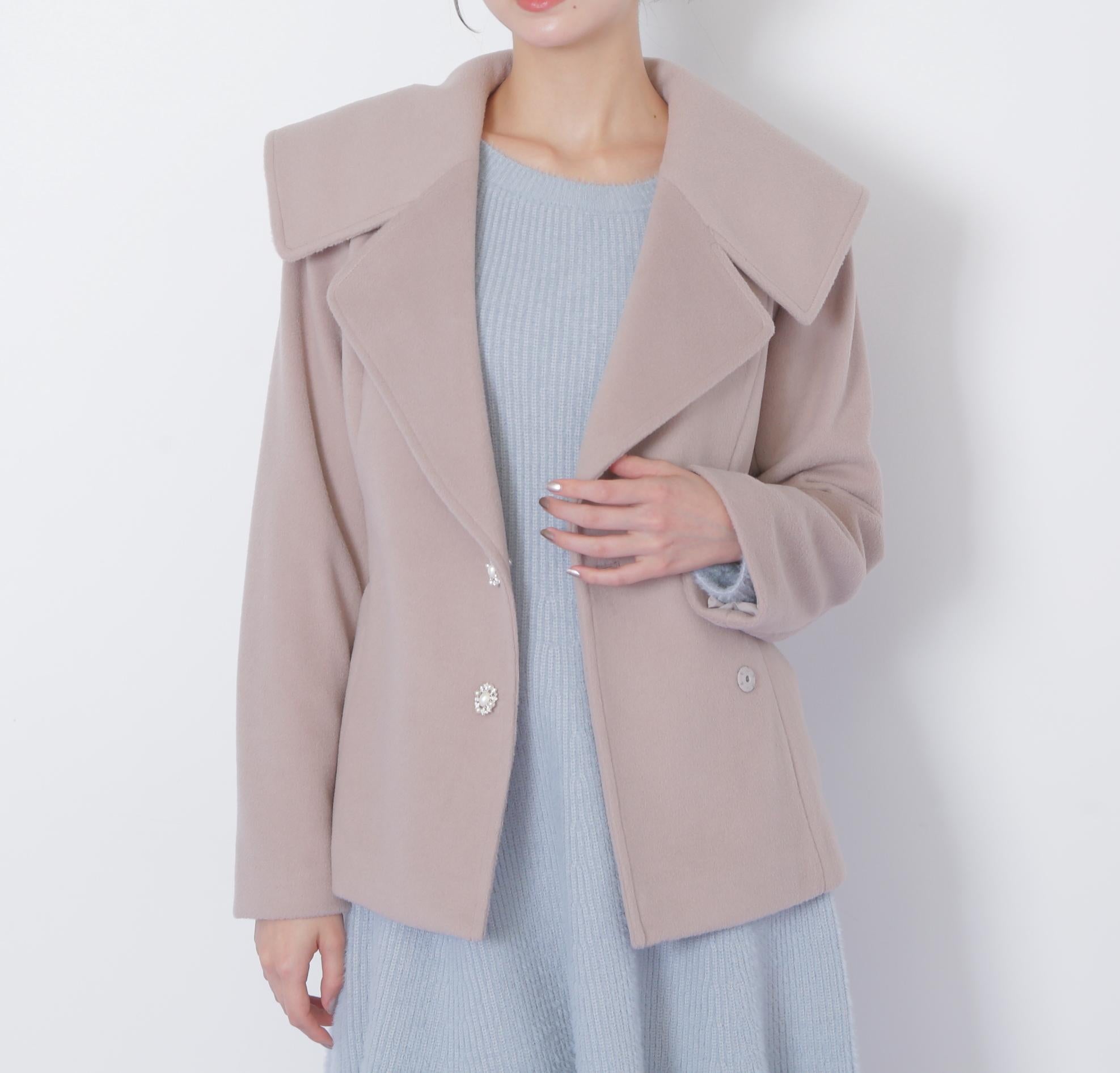 ビジュー釦ビッグカラーショートコート モカベージュ