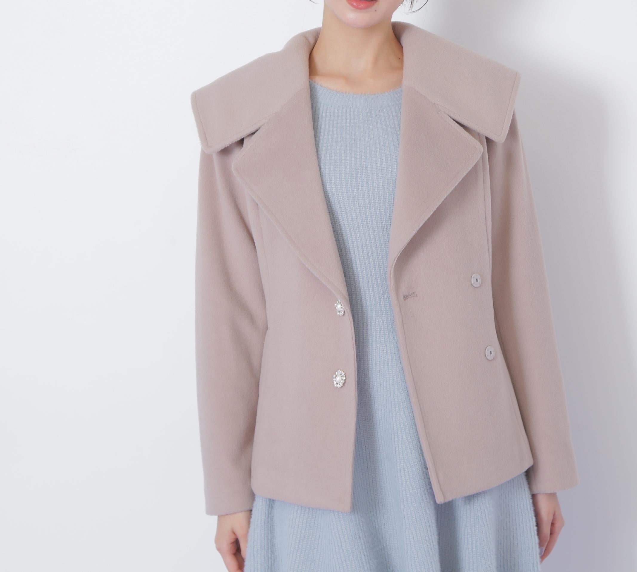 ビジュー釦ビッグカラーショートコート モカベージュ