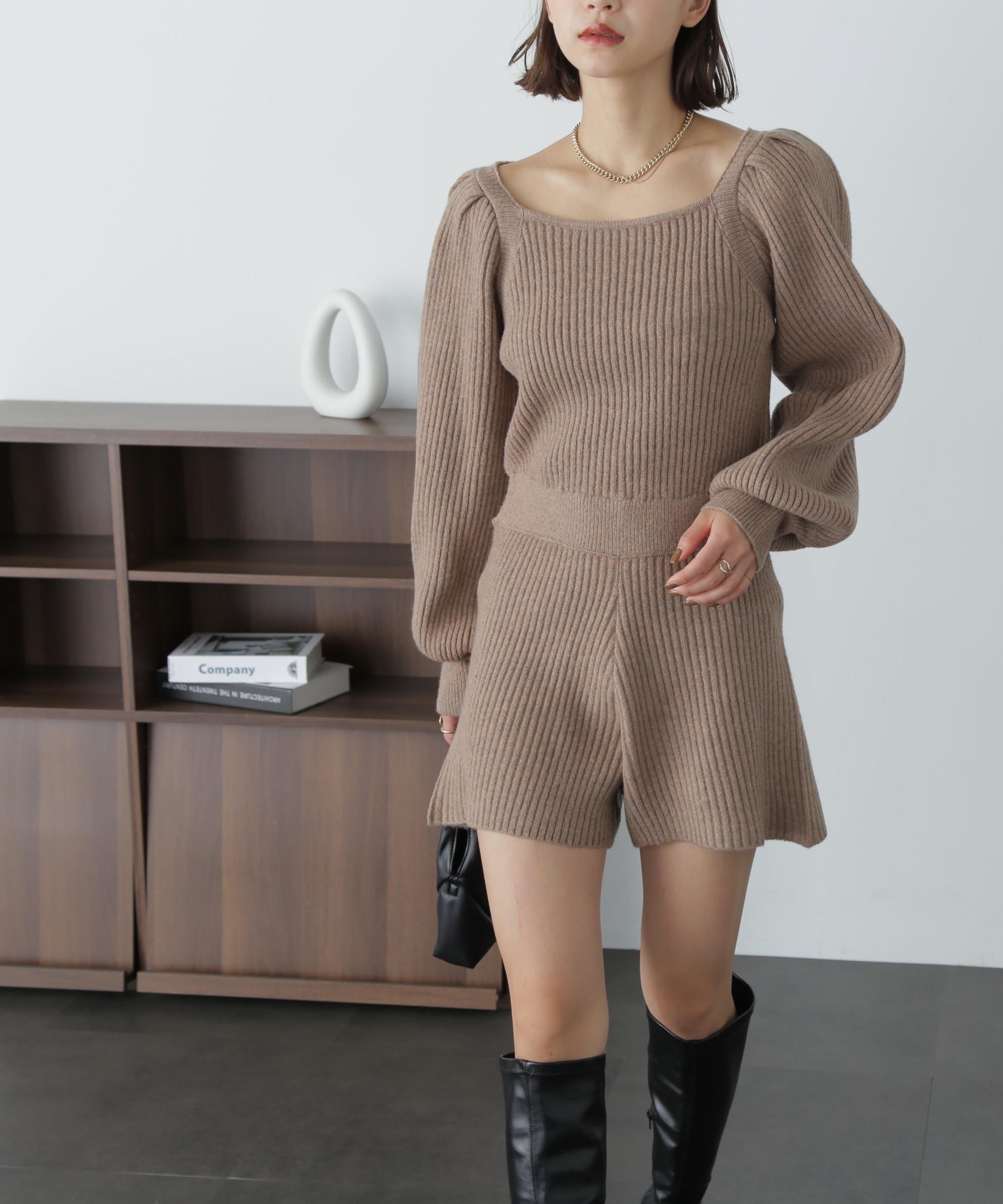 スクエアネックリブニットロンパース モカ