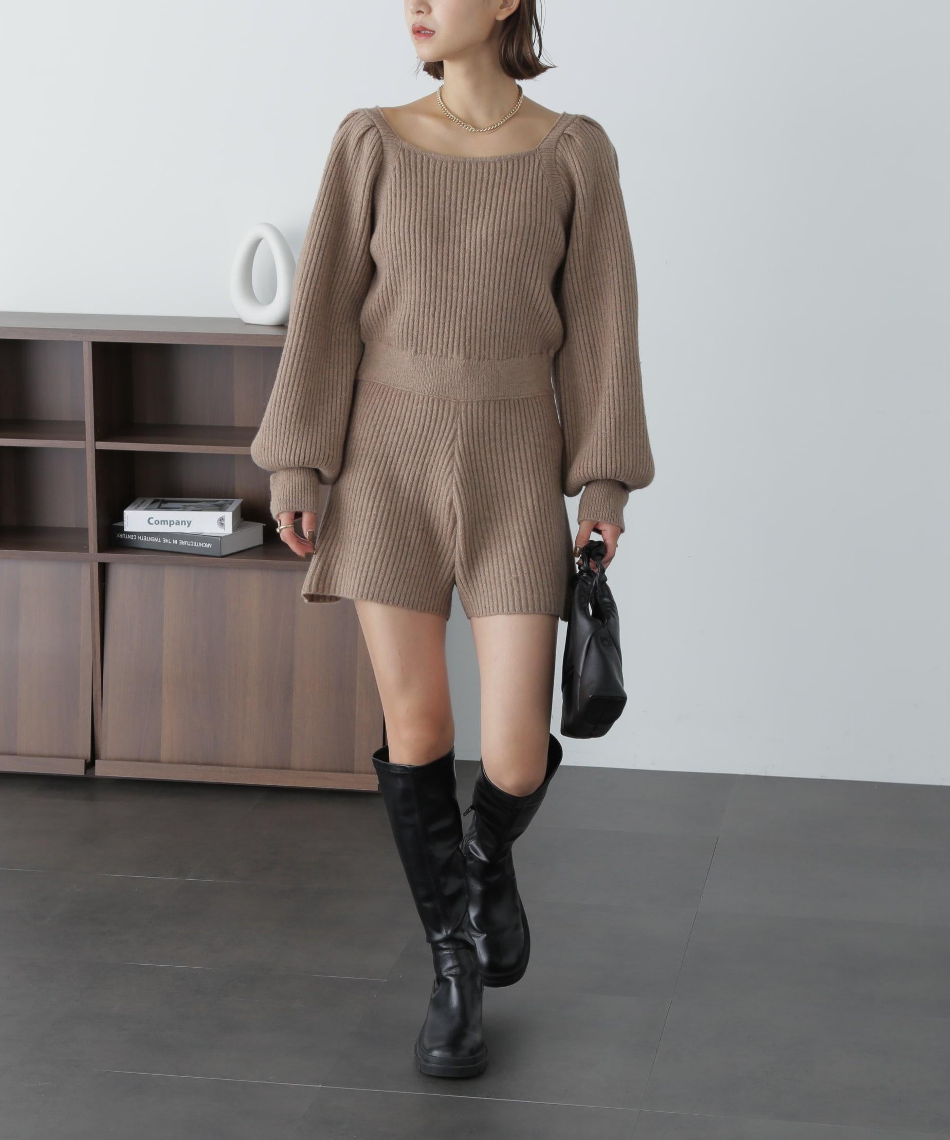 スクエアネックリブニットロンパース モカ