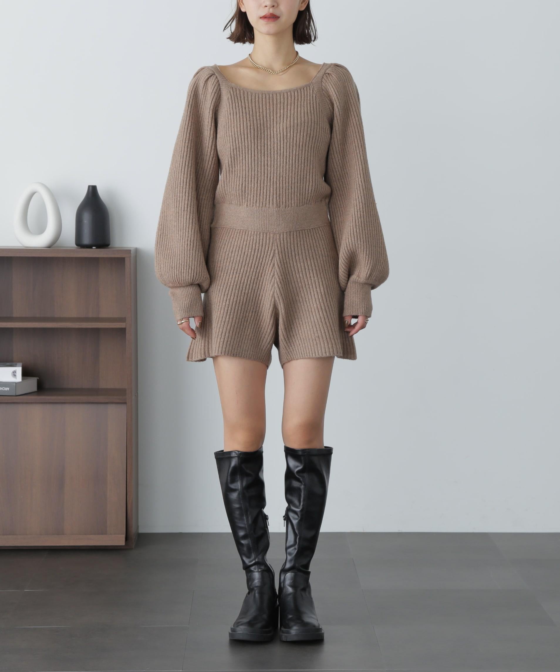 スクエアネックリブニットロンパース モカ