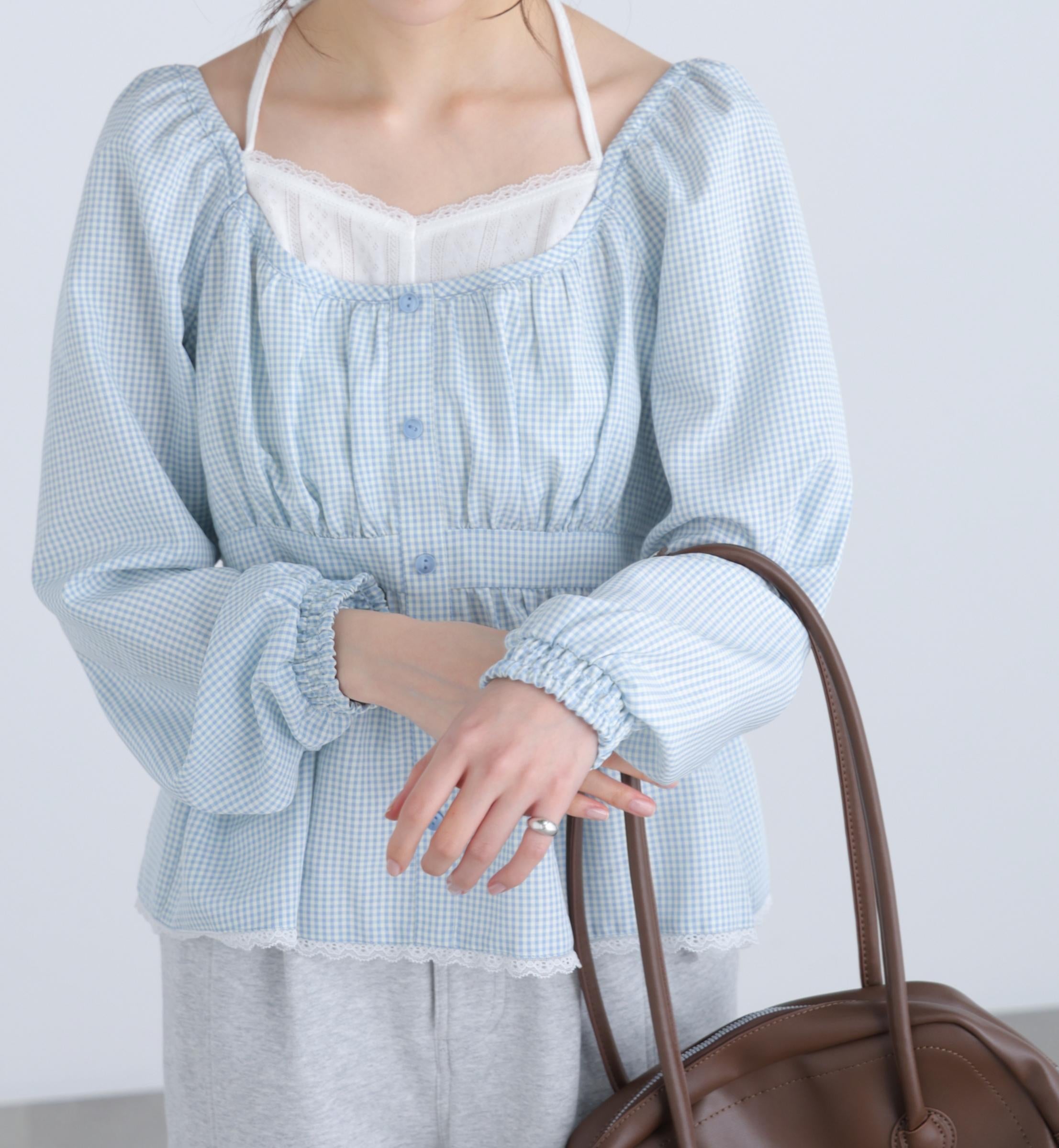 レイヤード風ギンガムチェックペプラムブラウス ブルーギンガム1