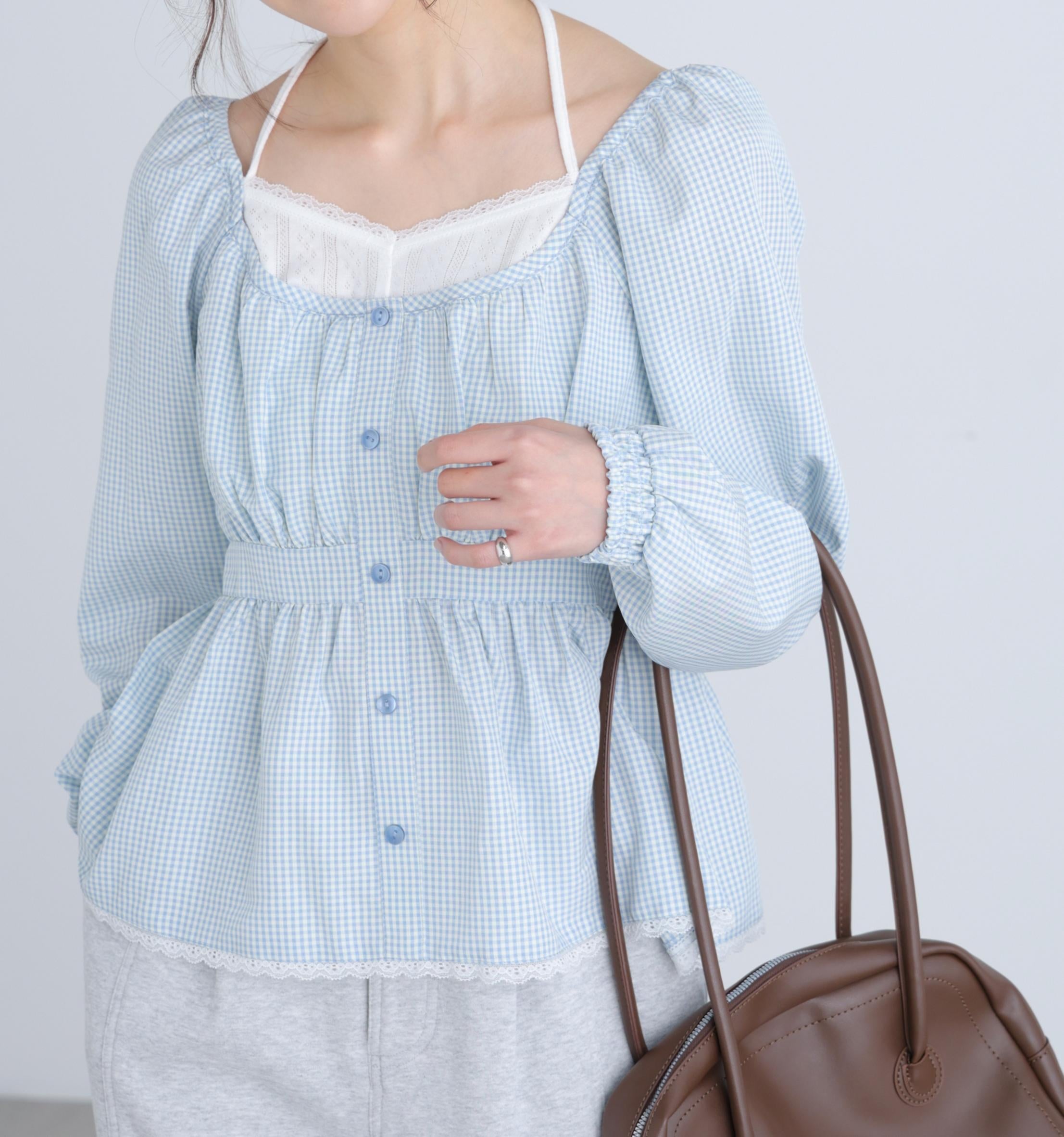 レイヤード風ギンガムチェックペプラムブラウス ブルーギンガム1