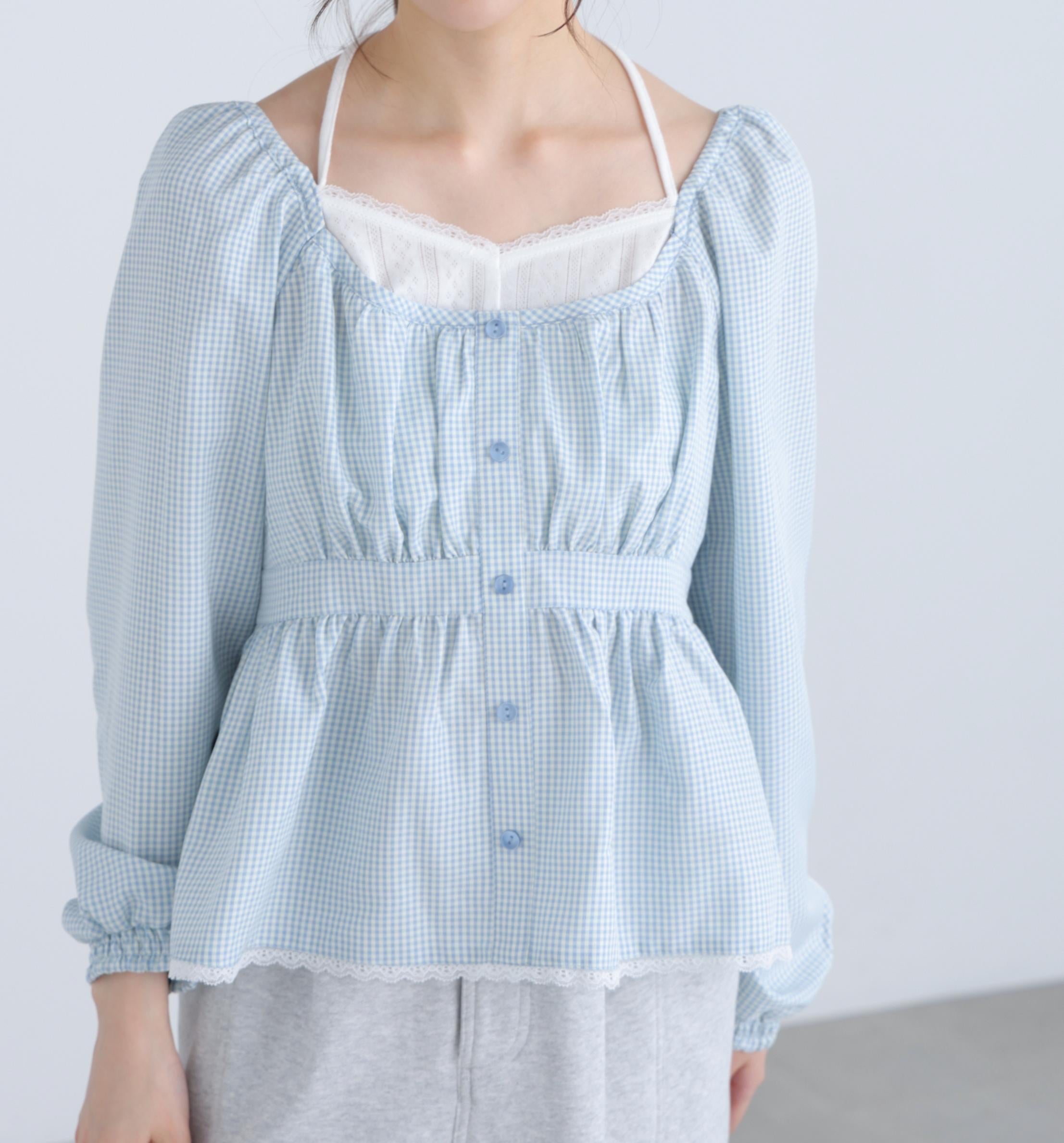 レイヤード風ギンガムチェックペプラムブラウス ブルーギンガム1