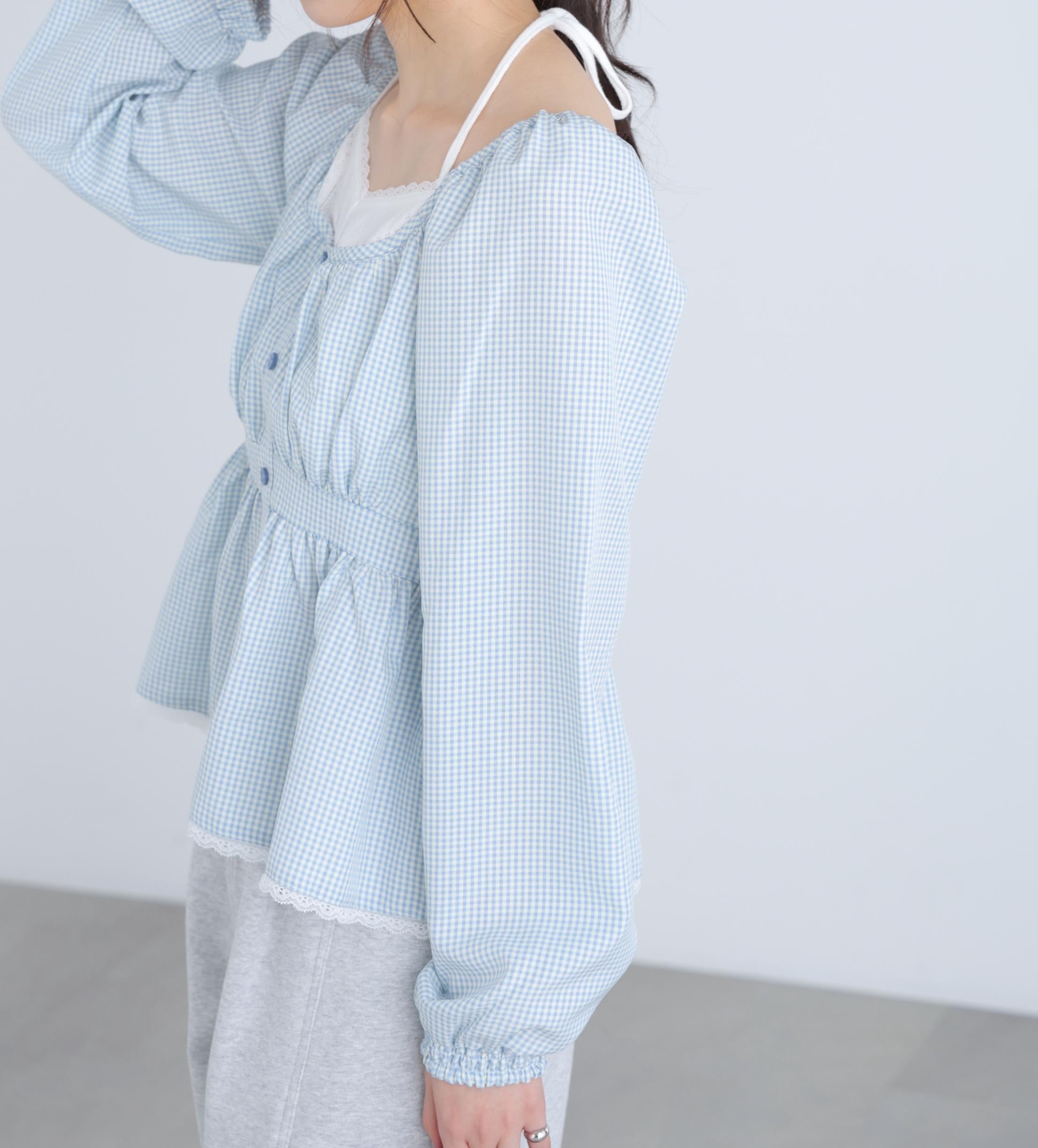 レイヤード風ギンガムチェックペプラムブラウス ブルーギンガム1