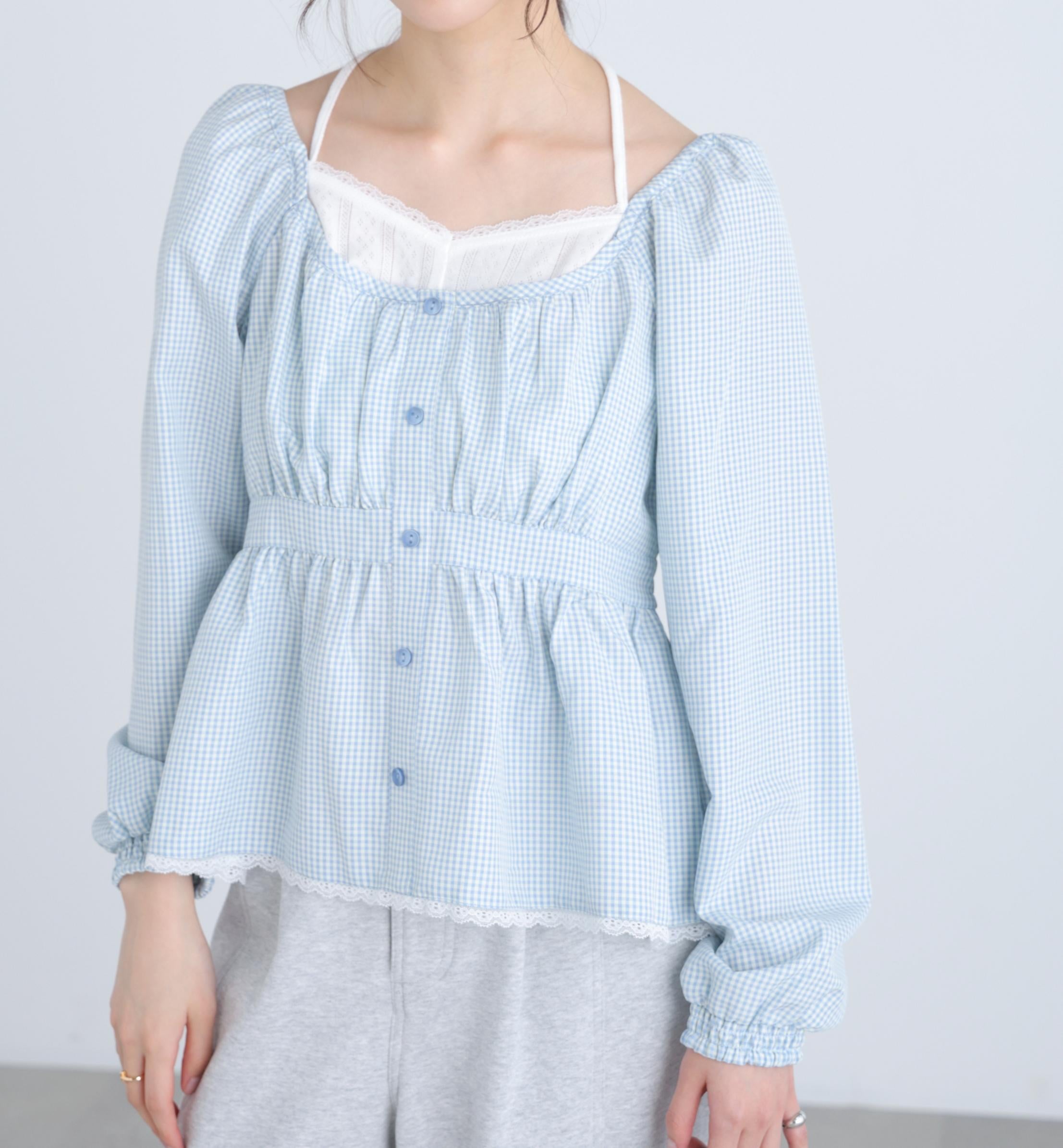 レイヤード風ギンガムチェックペプラムブラウス ブルーギンガム1