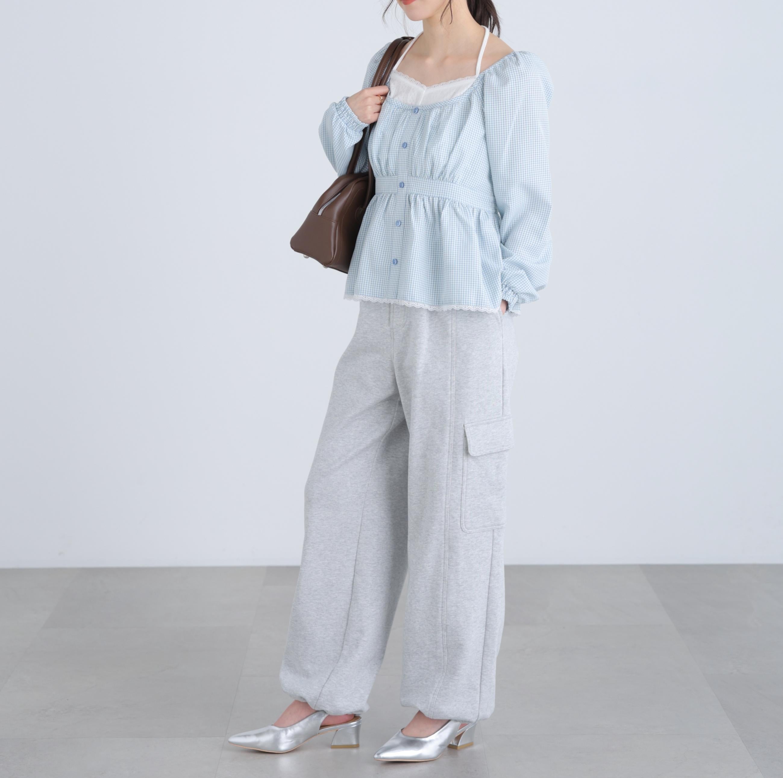 レイヤード風ギンガムチェックペプラムブラウス ブルーギンガム1