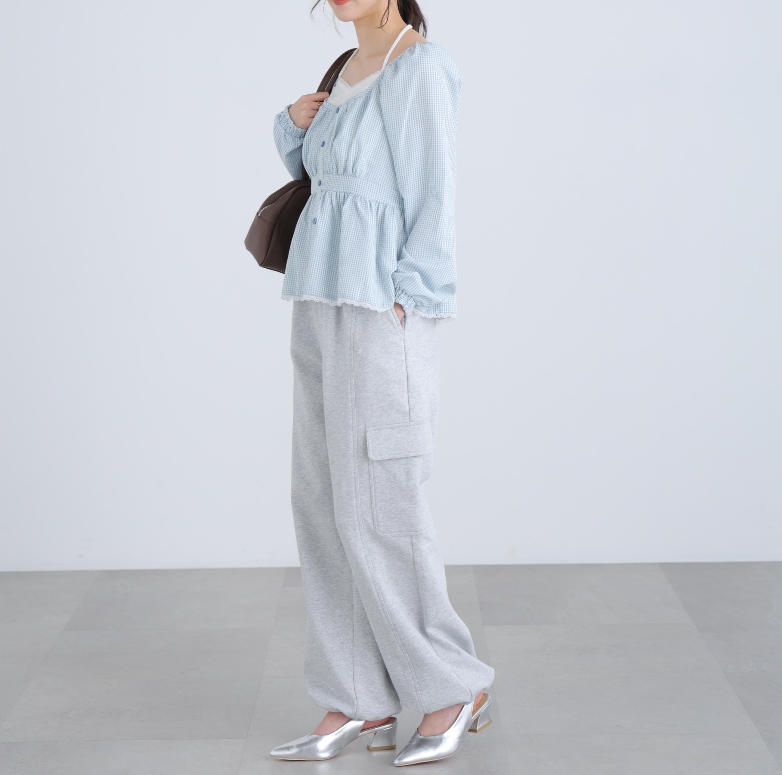 レイヤード風ギンガムチェックペプラムブラウス ブルーギンガム1