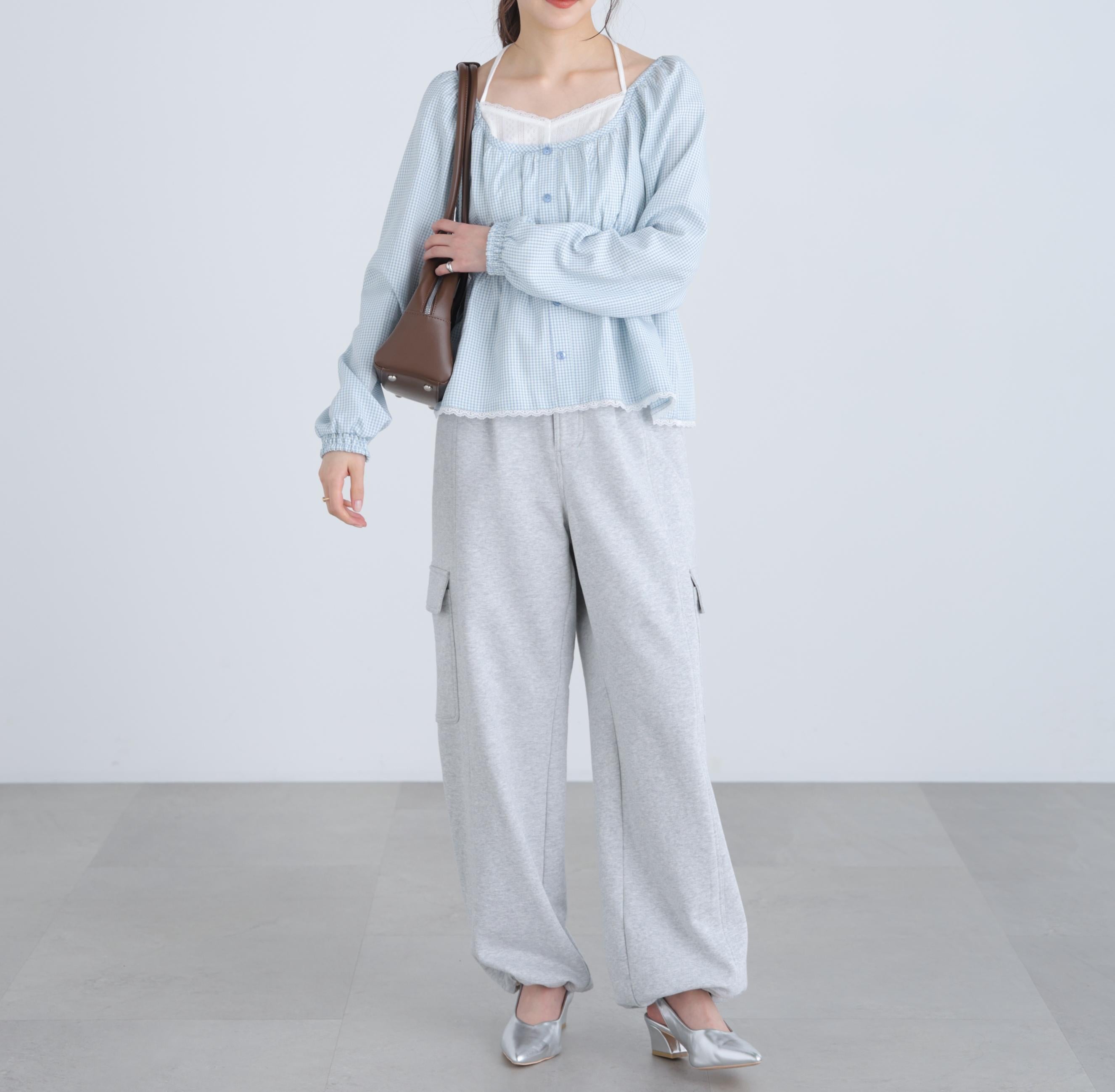 レイヤード風ギンガムチェックペプラムブラウス ブルーギンガム1