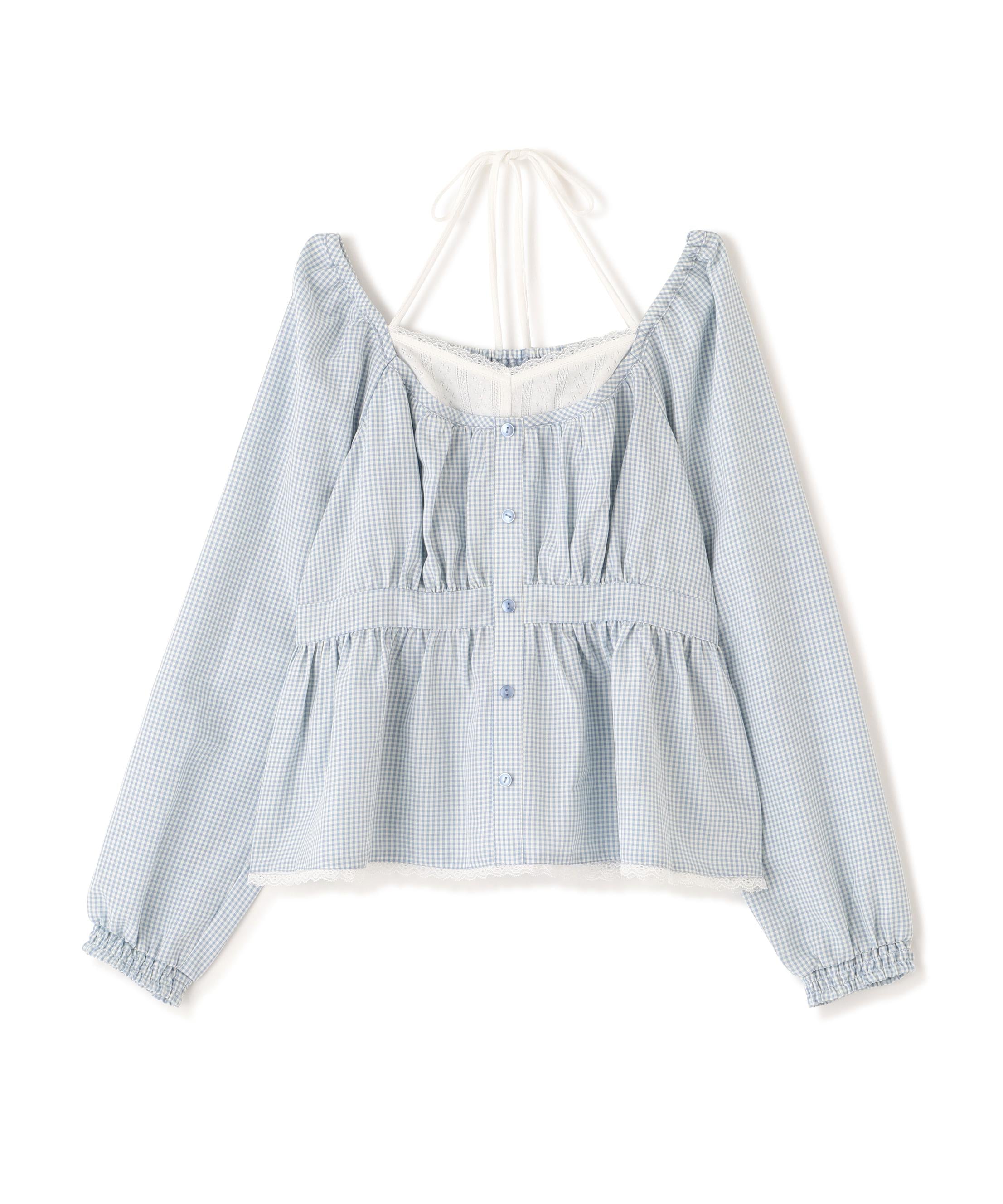 レイヤード風ギンガムチェックペプラムブラウス ブルーギンガム1