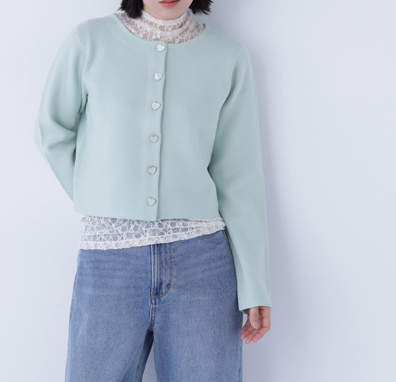 ハートボタンニットジャケット ペールグリーン