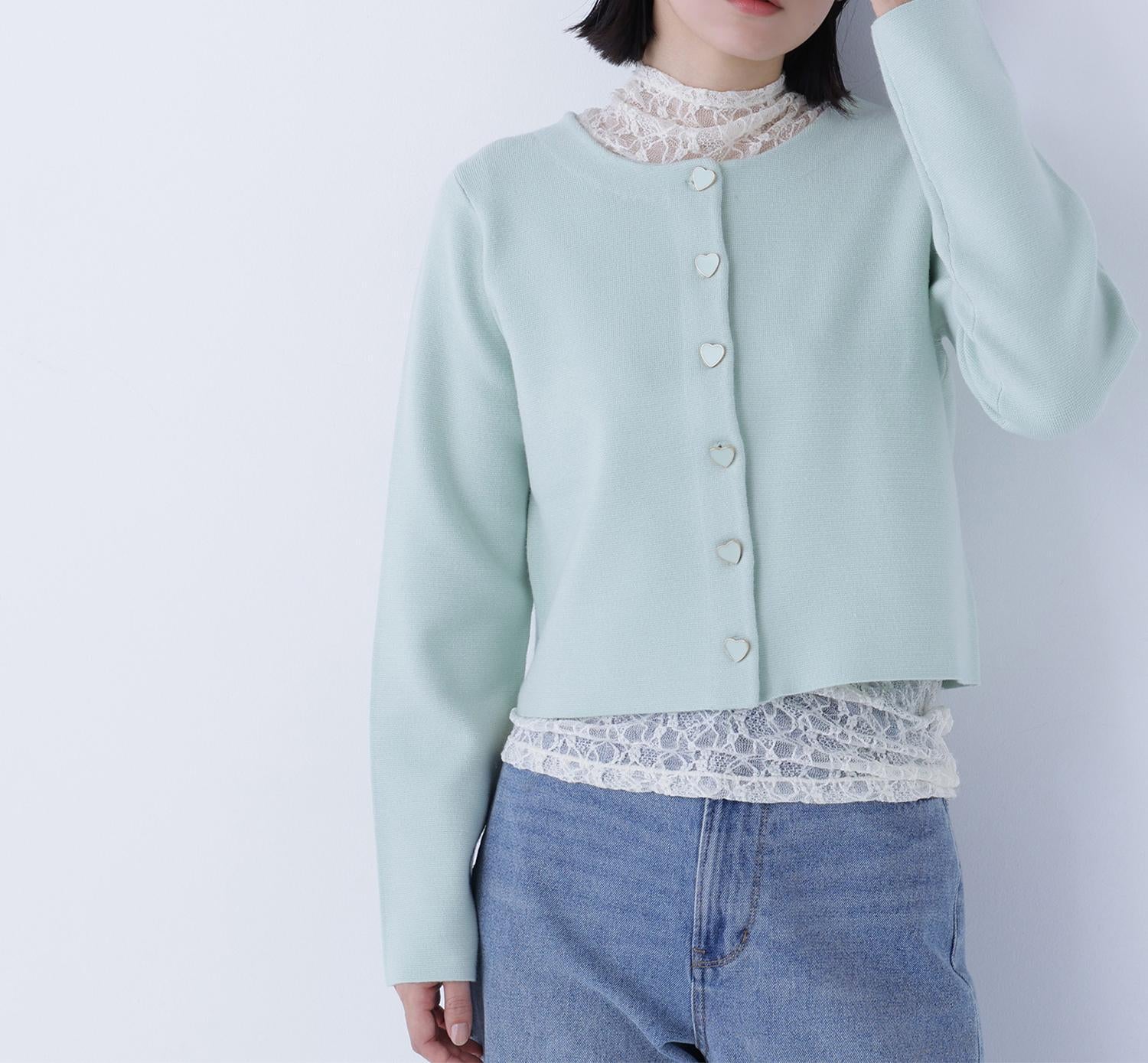ハートボタンニットジャケット ペールグリーン