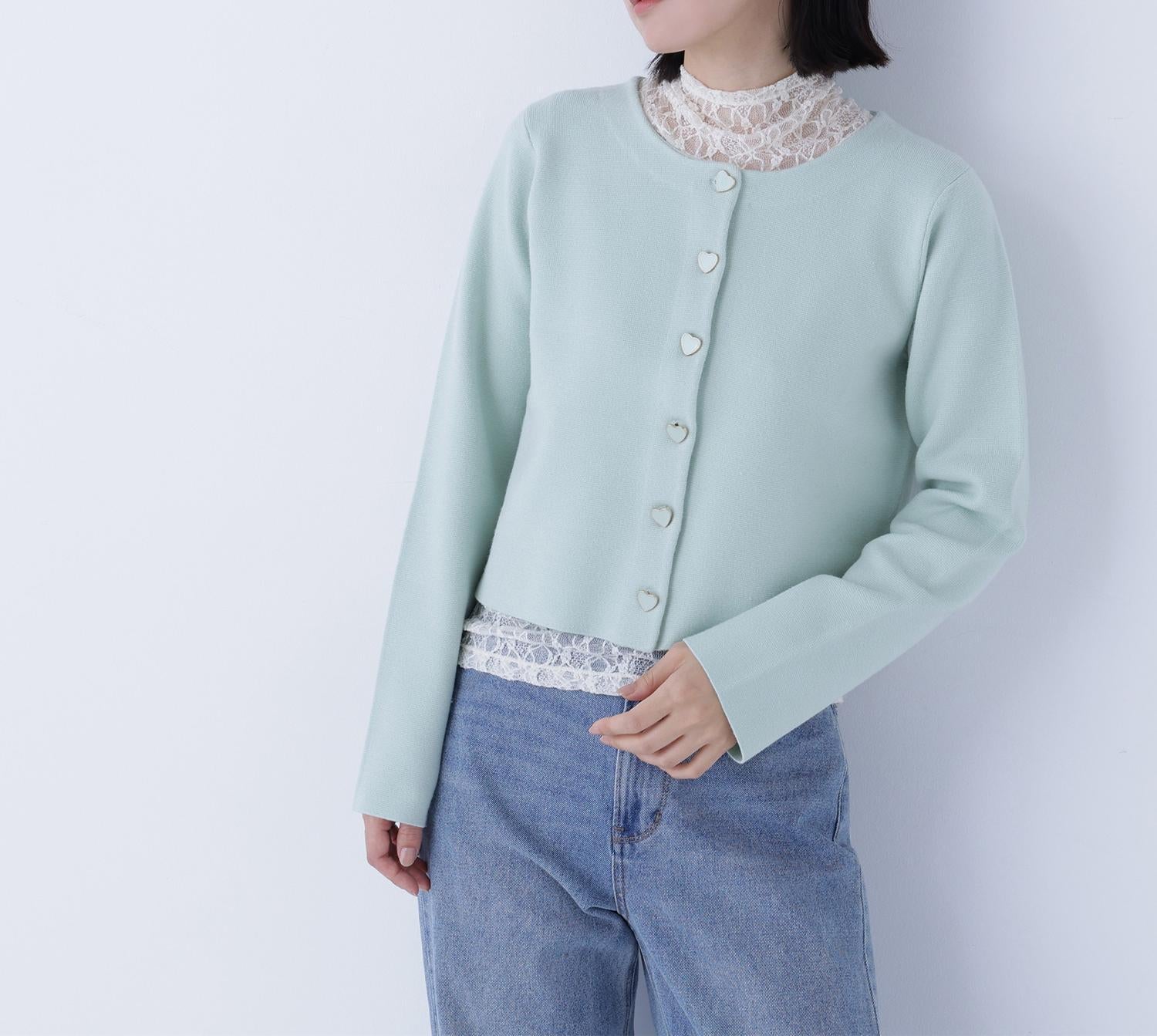 ハートボタンニットジャケット ペールグリーン