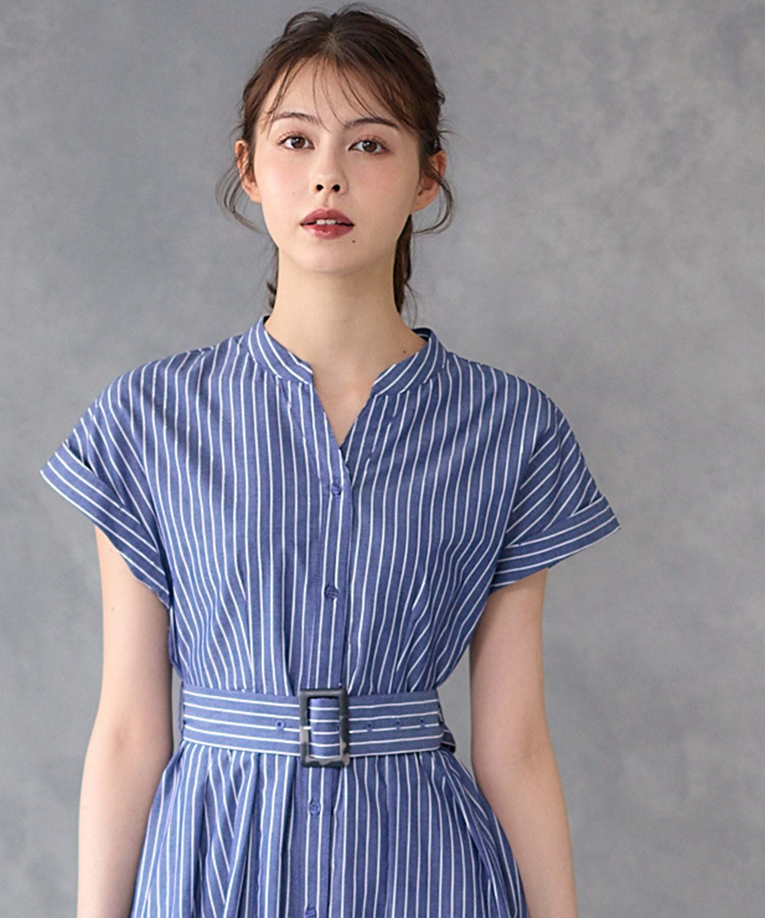 トゥエルブアジェンダ 12Twelve Agenda ラメストライプシャツワンピース (ブルー) ブルー