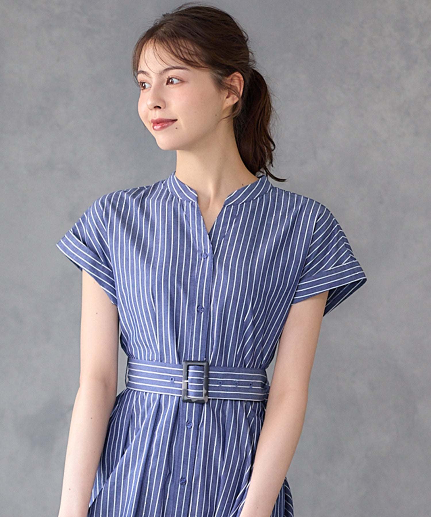 トゥエルブアジェンダ 12Twelve Agenda ラメストライプシャツワンピース (ブルー) ブルー