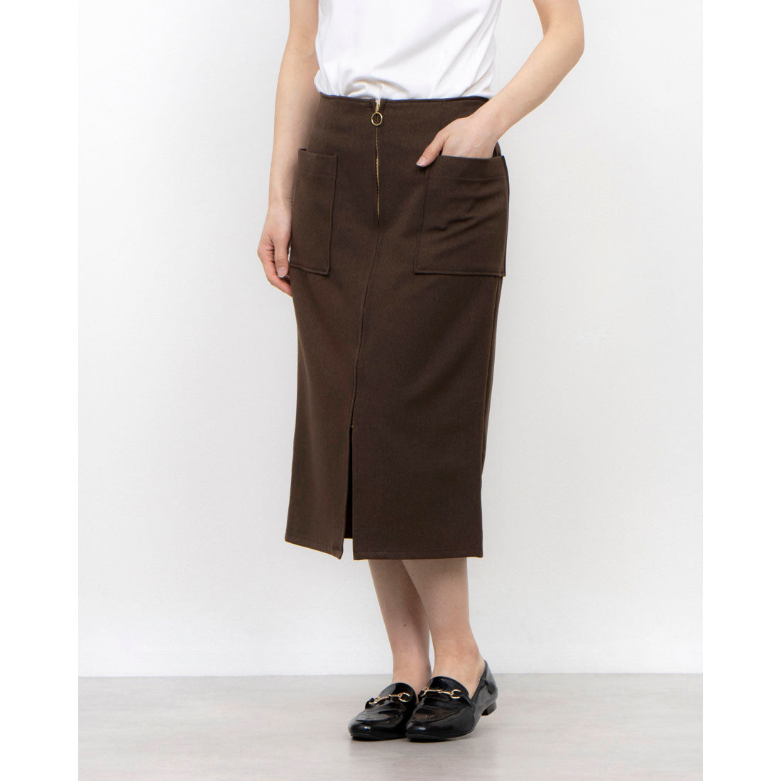 トゥエルブアジェンダ 12Twelve Agenda フロントファスナー両ポケタイトスカート (ブラウン) ブラウン