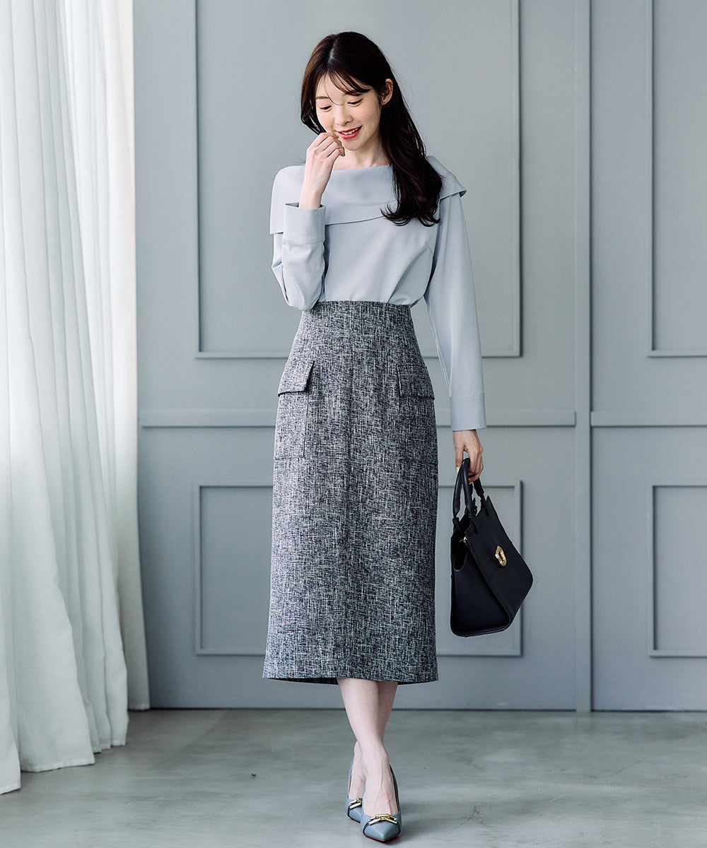 トゥエルブアジェンダ 12Twelve Agenda バーズアイブッチャーフラップデザインタイトスカート (ネイビー) ネイビー