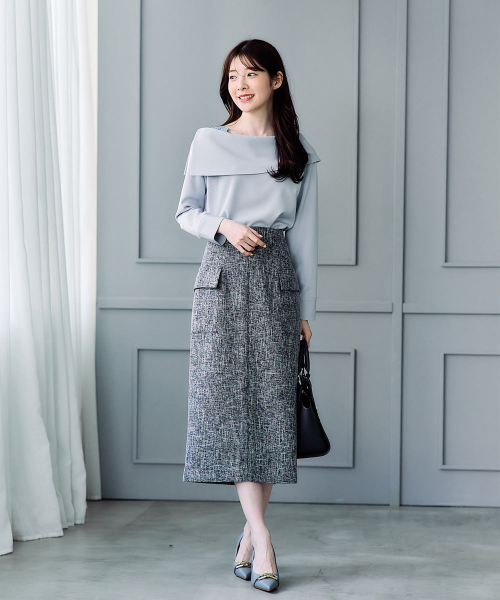 トゥエルブアジェンダ 12Twelve Agenda バーズアイブッチャーフラップデザインタイトスカート (ネイビー) ネイビー