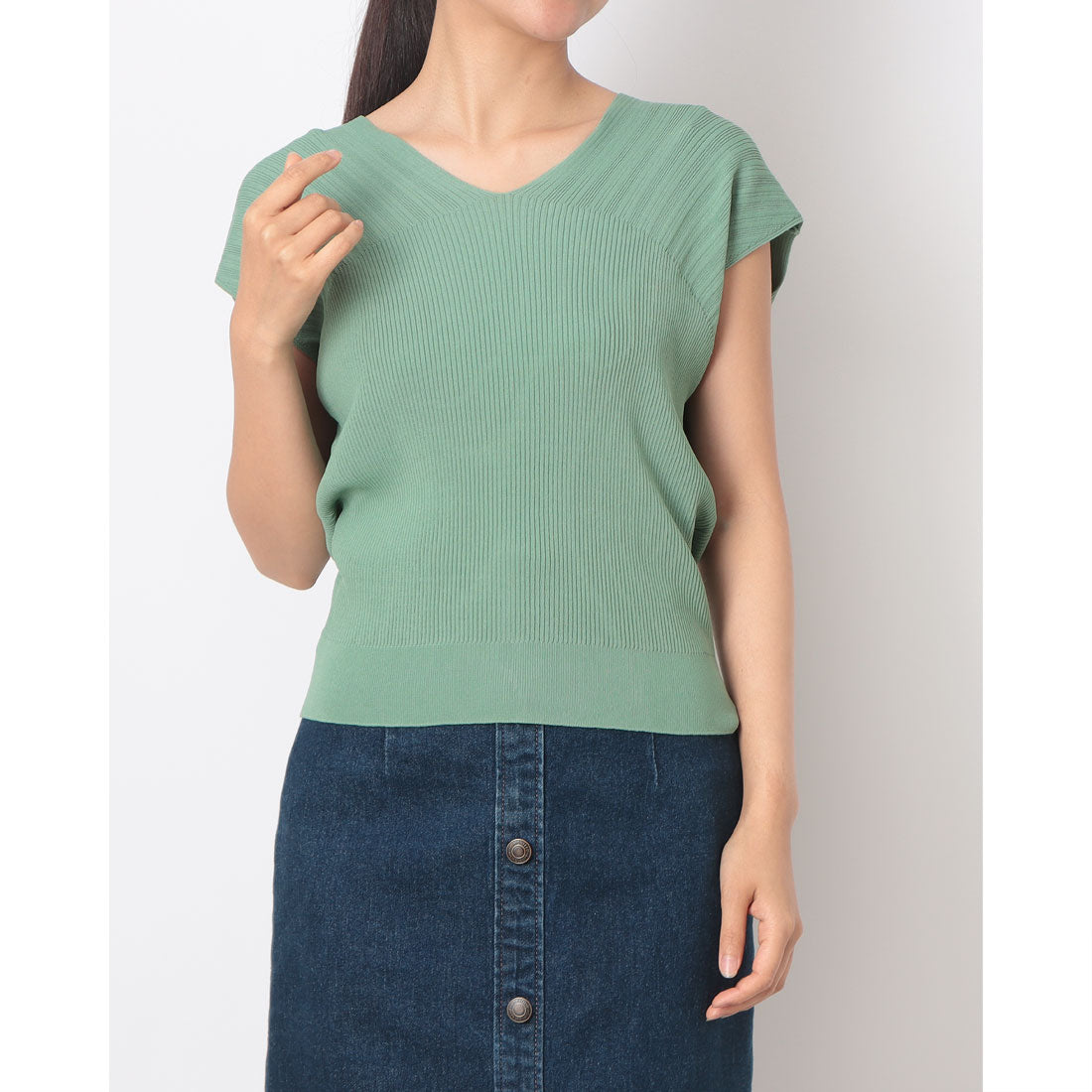 トゥエルブアジェンダ 12Twelve Agenda Vネックリブ切替ニットプルオーバー (グリーン) グリーン