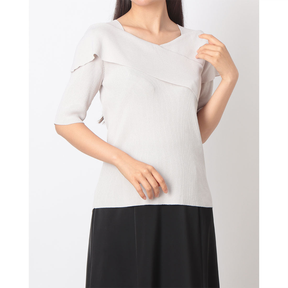 トゥエルブアジェンダ 12Twelve Agenda アシメリブオフショル風5分袖ニットプルオーバー （ベージュ） 12 twelve agenda ストライプワンピース トゥエルブアジェンダ