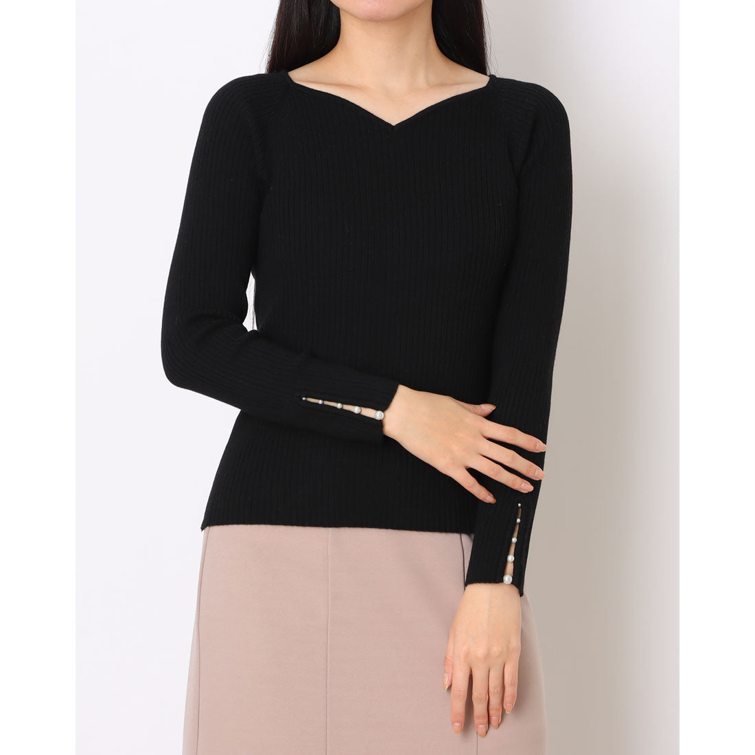 トゥエルブアジェンダ 12Twelve Agenda ハートネック袖口アソートパールリブニットプルオーバー (ブラック) ブラック