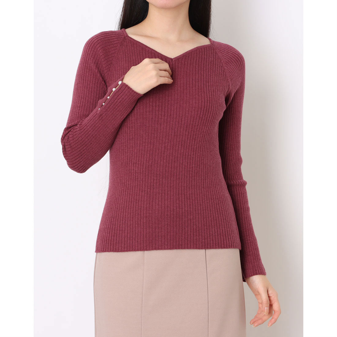 トゥエルブアジェンダ 12Twelve Agenda ハートネック袖口アソートパールリブニットプルオーバー (ピンク) ピンク