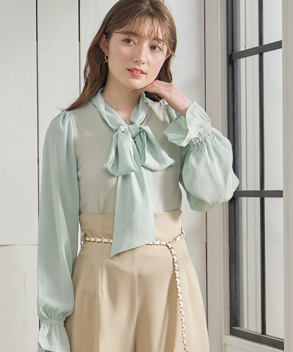 Twelve Agenda 12Twelve Agenda Mixed Material Ribbon Tie & Sleeve Knit Pullover